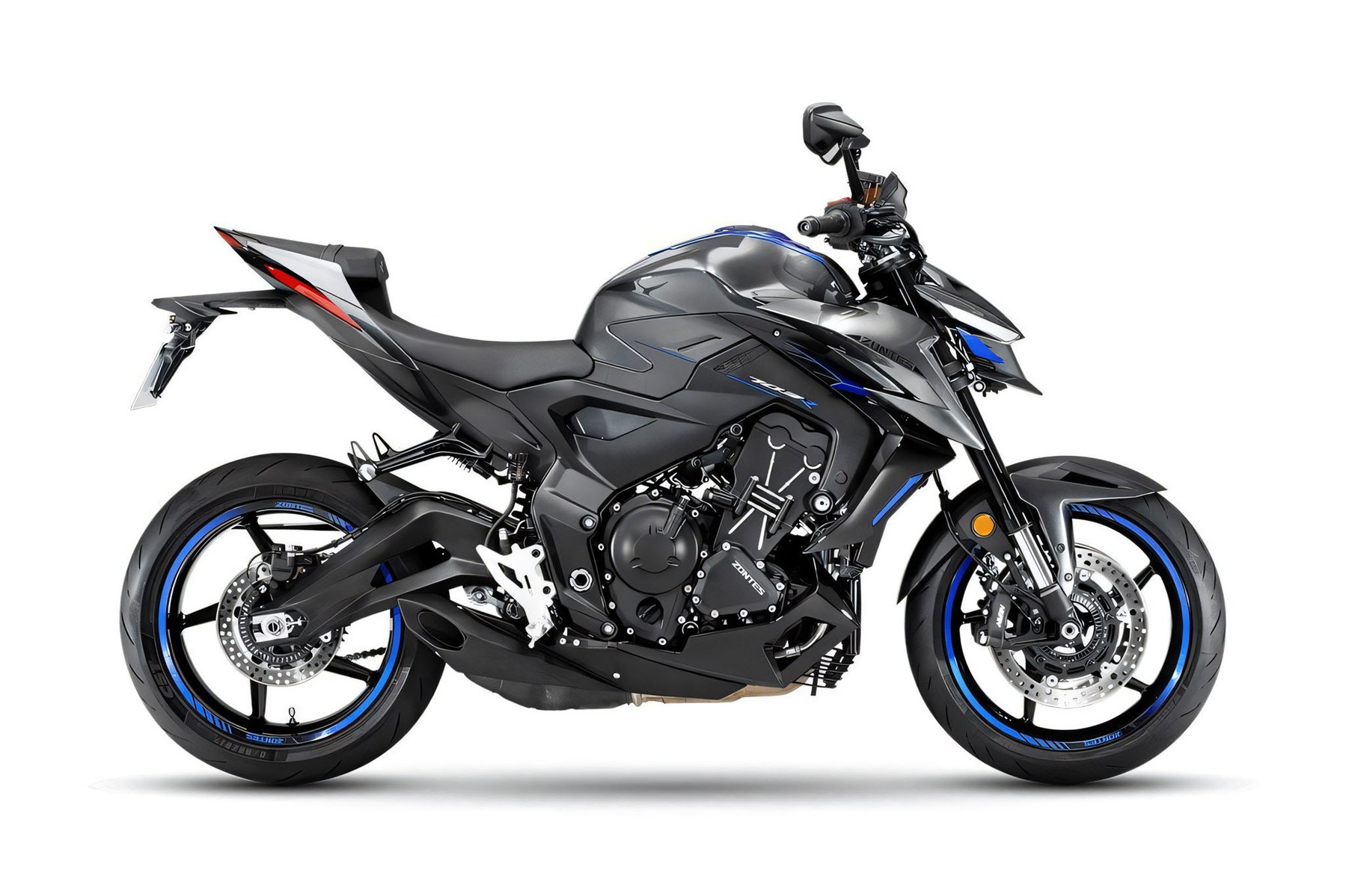 Zontes 703R 2027 - Dark Grey mit blauen Akzenten, Studioaufnahme Seitenansicht, Naked-Bike mit offenem Fahrwerk und blau eloxierten Felgen