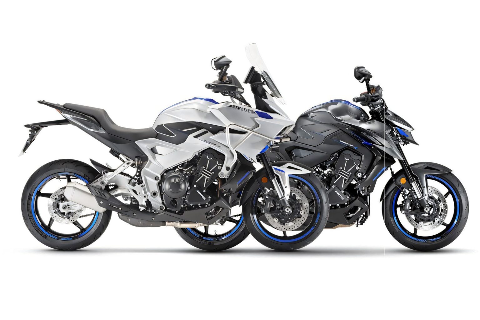 Zontes 703R and 703T Arrive: Ride-by-Wire and Cruise Control as Standard Zontes 703T in Weiss und Zontes 703R in Schwarz-Grau 2027 nebeneinander im Studio, Sport-Tourer und Naked-Bike der 703er-Baureihe im Vergleich