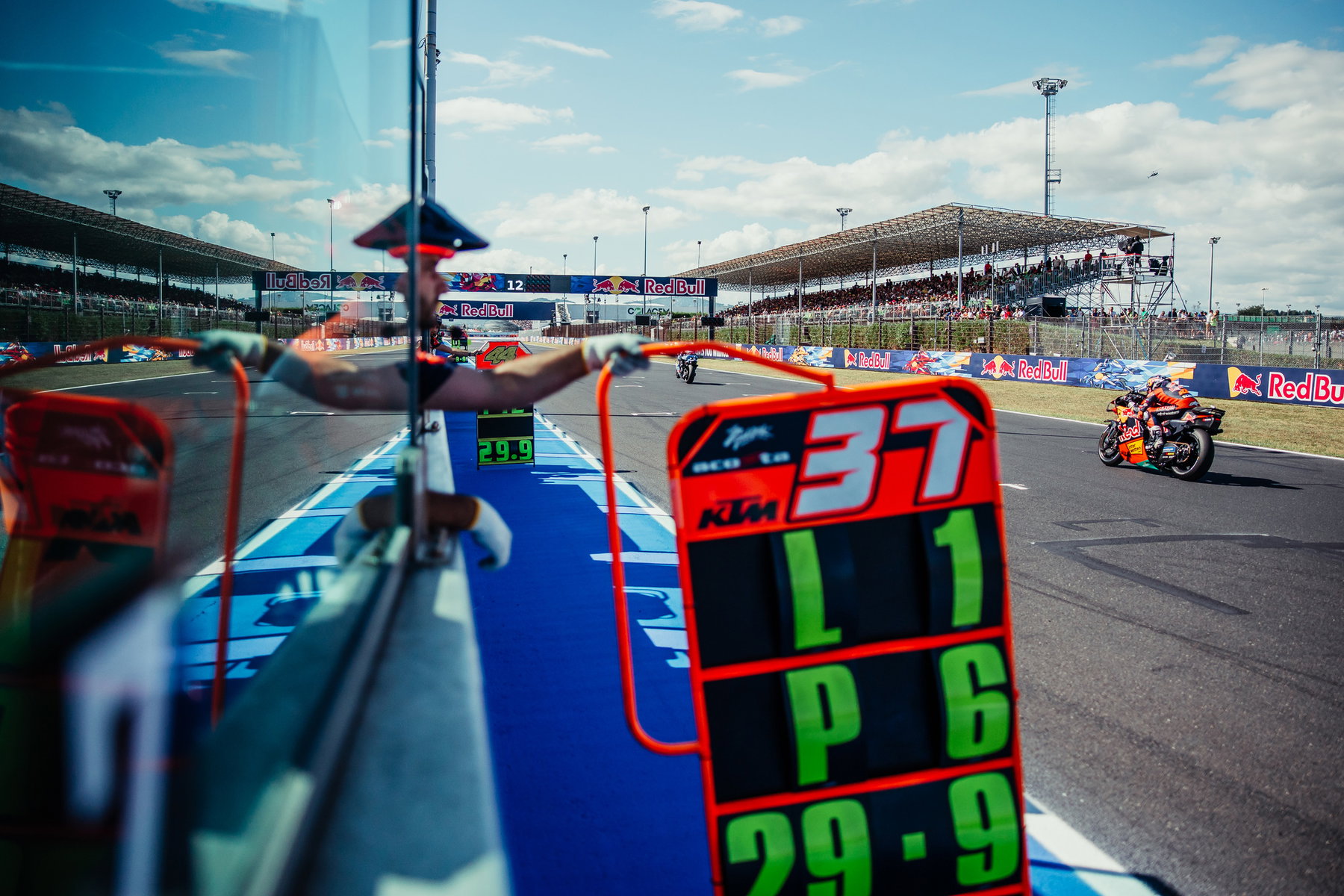 Acosta Dominates KTM's Home Round: Why Spielberg Suits the RC16 2 Pit board showing number 37 and lap information for Pedro Acosta, the Red Bull KTM on track in the background – MotoGP San Marino GP Misano 2026