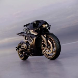 Aston Martin AMB 002 (2027) – Frontansicht schräg von vorne, schwarzes Carbon-Design mit Gold-Akzenten an Felgen und Bremsscheiben, LED-Scheinwerfer beleuchtet, Studio-Himmelshintergrund