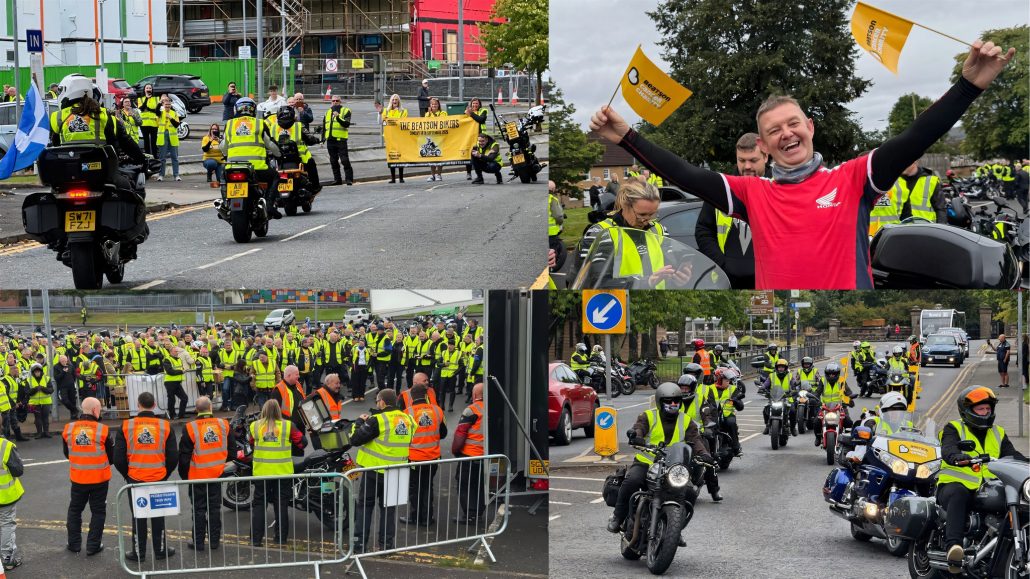 Beatson Bikers 2026: Wie aus 250 Bikern in drei Jahren 1300 wurden 6 Beatson Bikers 2025 – Fotocollage mit Bikern in gelben Warnwesten, jubelndem Teilnehmer und Motorradkolonne auf dem Sammelplatz in Glasgow