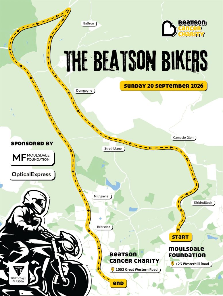 Beatson Bikers 2026: Wie aus 250 Bikern in drei Jahren 1300 wurden 1 Beatson Bikers 2026 – Streckenkarte der Charity-Ausfahrt rund um Glasgow vom Moulsdale Foundation Museum in Bishopbriggs zum Beatson Cancer Centre
