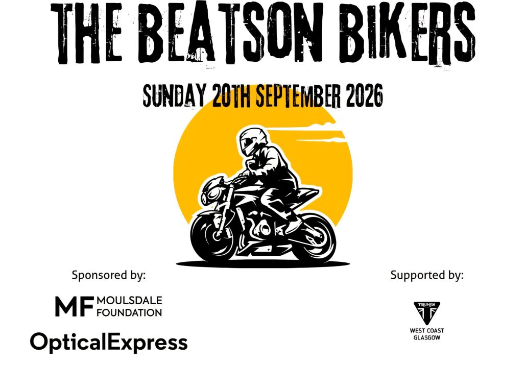Beatson Bikers 2026: Wie aus 250 Bikern in drei Jahren 1300 wurden 5 Beatson Bikers 2026 – Event-Grafik mit Motorradfahrer-Silhouette vor gelber Sonne, Sponsoren Moulsdale Foundation und Optical Express