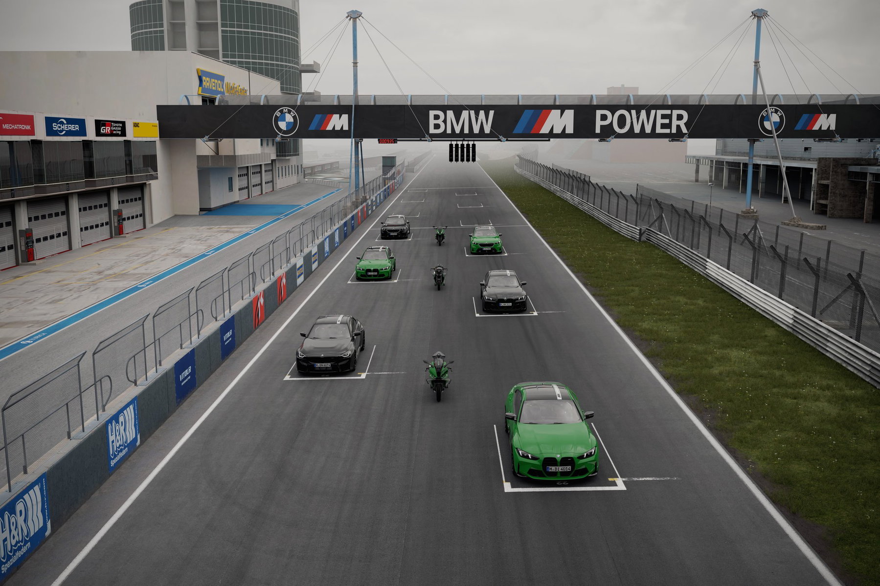 BMW M 1000 RR, R und XR: Nürburgring-Edition mit je 100 Stück ab Oktober 1 BMW Edition 100 Jahre Nürburgring 2027 – die drei Motorräder und die M Automobile auf der Start-Ziel-Geraden des Nürburgrings