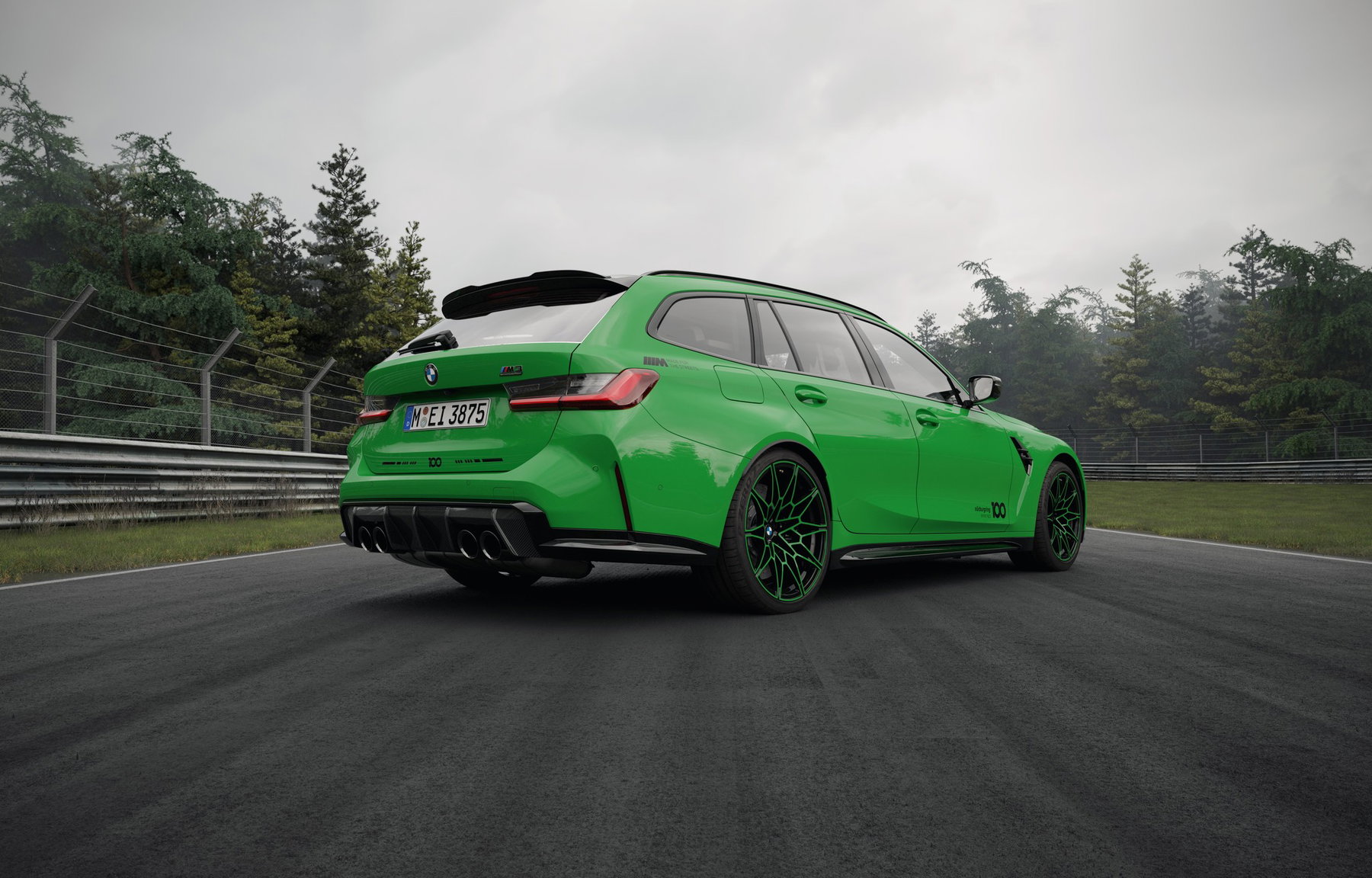 BMW M 1000 RR, R und XR: Nürburgring-Edition mit je 100 Stück ab Oktober 5 BMW M3 Touring Edition 100 Jahre Nürburgring 2027 – Heckansicht in Nürburgring Grün mit grünen Schmiedefelgen