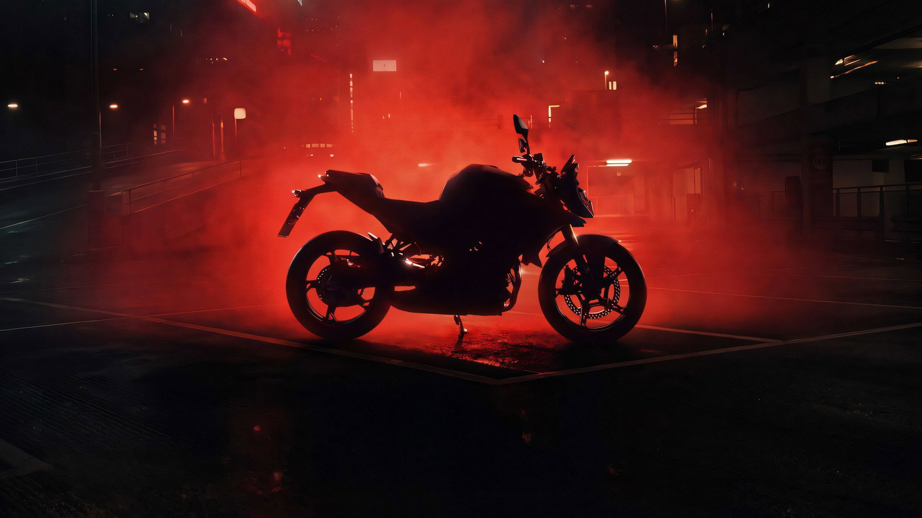 BMW F 450 R: Was der Teaser über das neue A2-Naked-Bike verrät 1 BMW F 450 R – dunkle Seitenansicht des neuen Roadsters auf einem nächtlichen Parkplatz vor rotem Rauch, weiter Bildausschnitt mit Straßenlaternen im Hintergrund