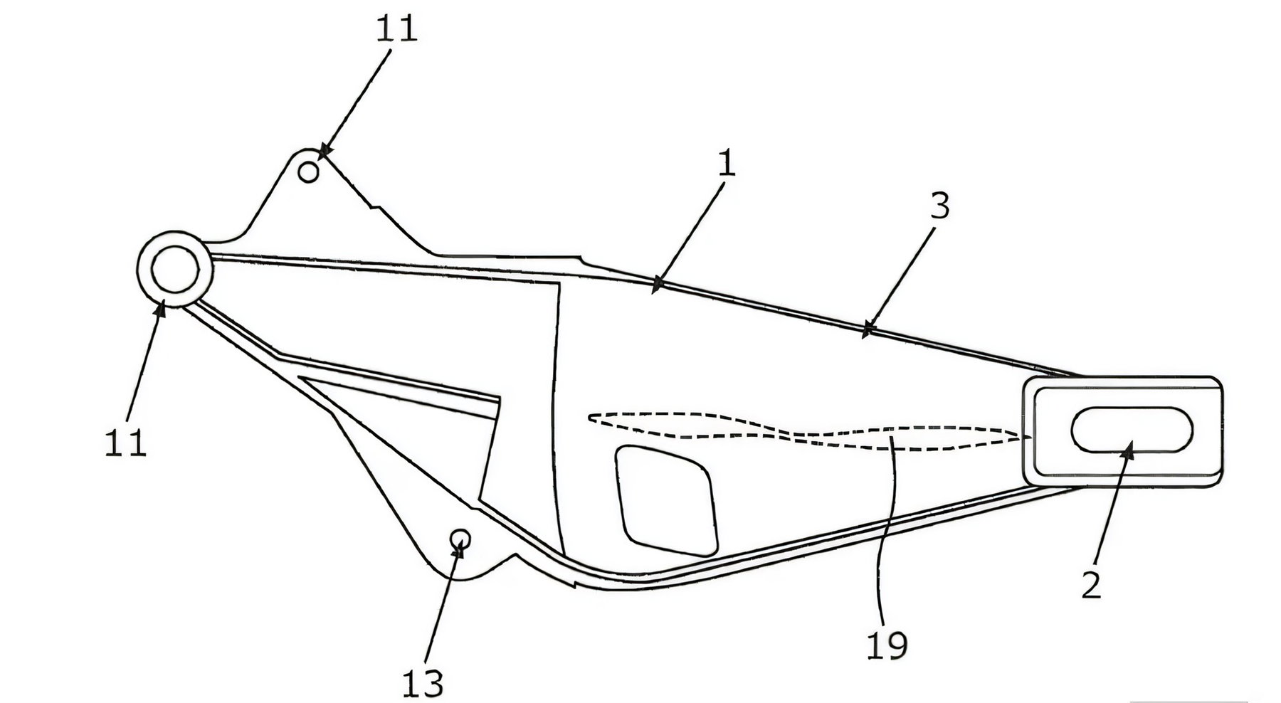 New BMW S 1000 RR: Patent Shows Swingarm Made from Semi-Solid Aluminium 1 BMW Patentzeichnung 2026 – Seitenansicht der neuen S 1000 RR Aluminium-Schwinge im Reofusion-Verfahren, mit Kennzeichnung von Drehpunkt-Lagerbohrung, oberer Kante, Achsaufnahme und innerer Verstaerkungsrippen (gestrichelt)