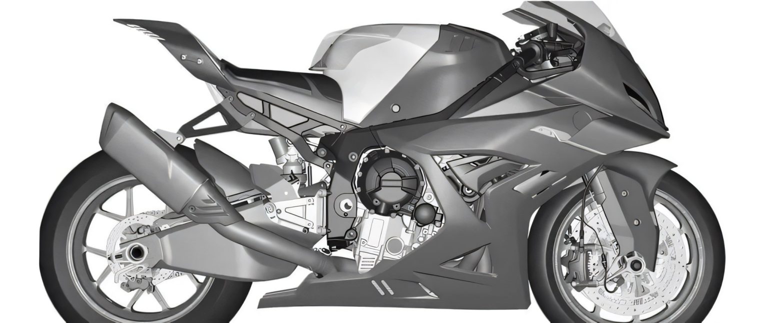 Illustration der kommenden BMW S 1000 RR Generation mit neuem, geschlossenerem Schwingendesign im Stil der Concept RR, Seitenansicht in Grautoenen