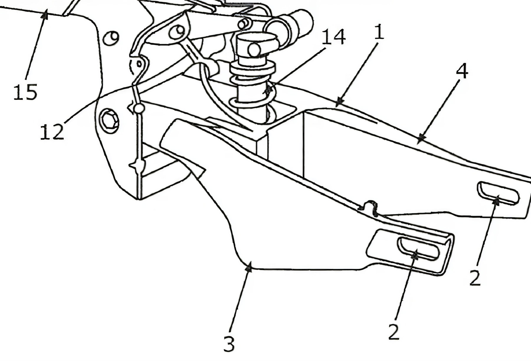 New BMW S 1000 RR: Patent Shows Swingarm Made from Semi-Solid Aluminium 2 BMW Patentzeichnung 2026 – perspektivische Detailansicht des Schwingen-Drehpunkts an der Rahmenanbindung mit nummerierten Bauteilen wie Lagerbolzen und Anschlussblech