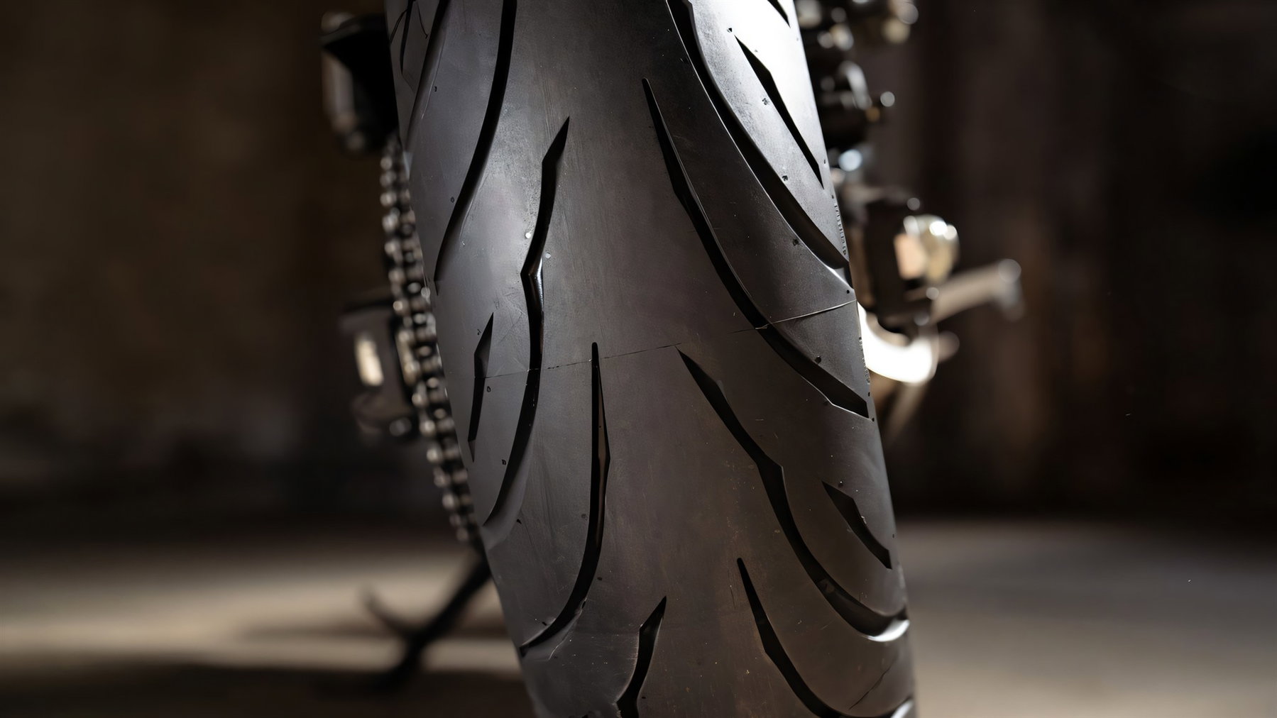 Continental ContiMotion EVO: New Tyre, but Not for Every Size 2 Continental ContiMotion EVO 2026 – Hinterreifen frontal mit geschlossenem Mittelband und diagonalen Profilrillen, Kette im Hintergrund