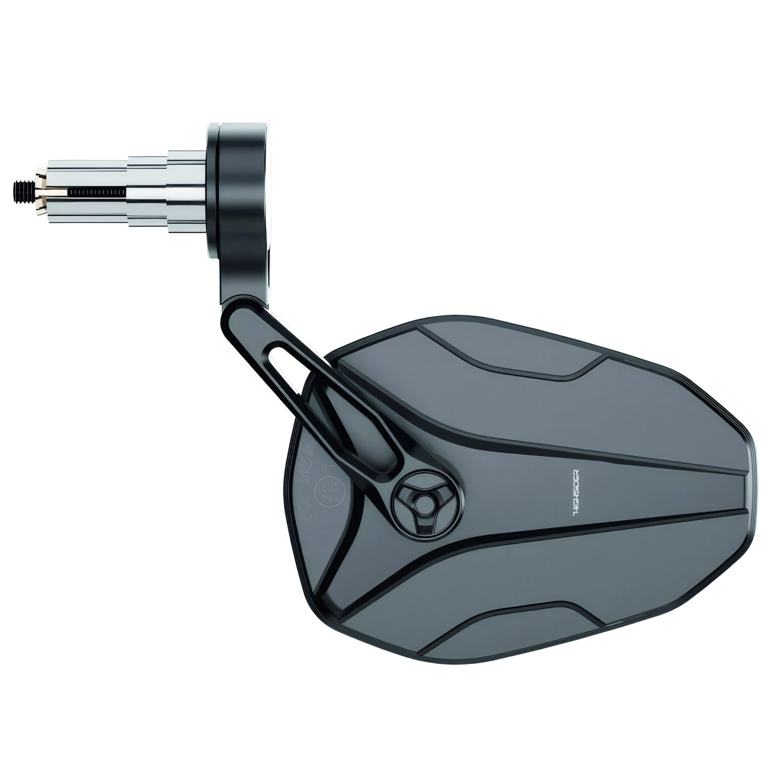 HIGHSIDER Victory ULTRA: Größerer Spiegelkopf, fünf Montagevarianten HIGHSIDER Victory ULTRA Lenkerendenspiegel in mattschwarz eloxiertem Aluminium mit Spreizklemmung und trapezförmigem Spiegelkopf, Freisteller vor weißem Hintergrund