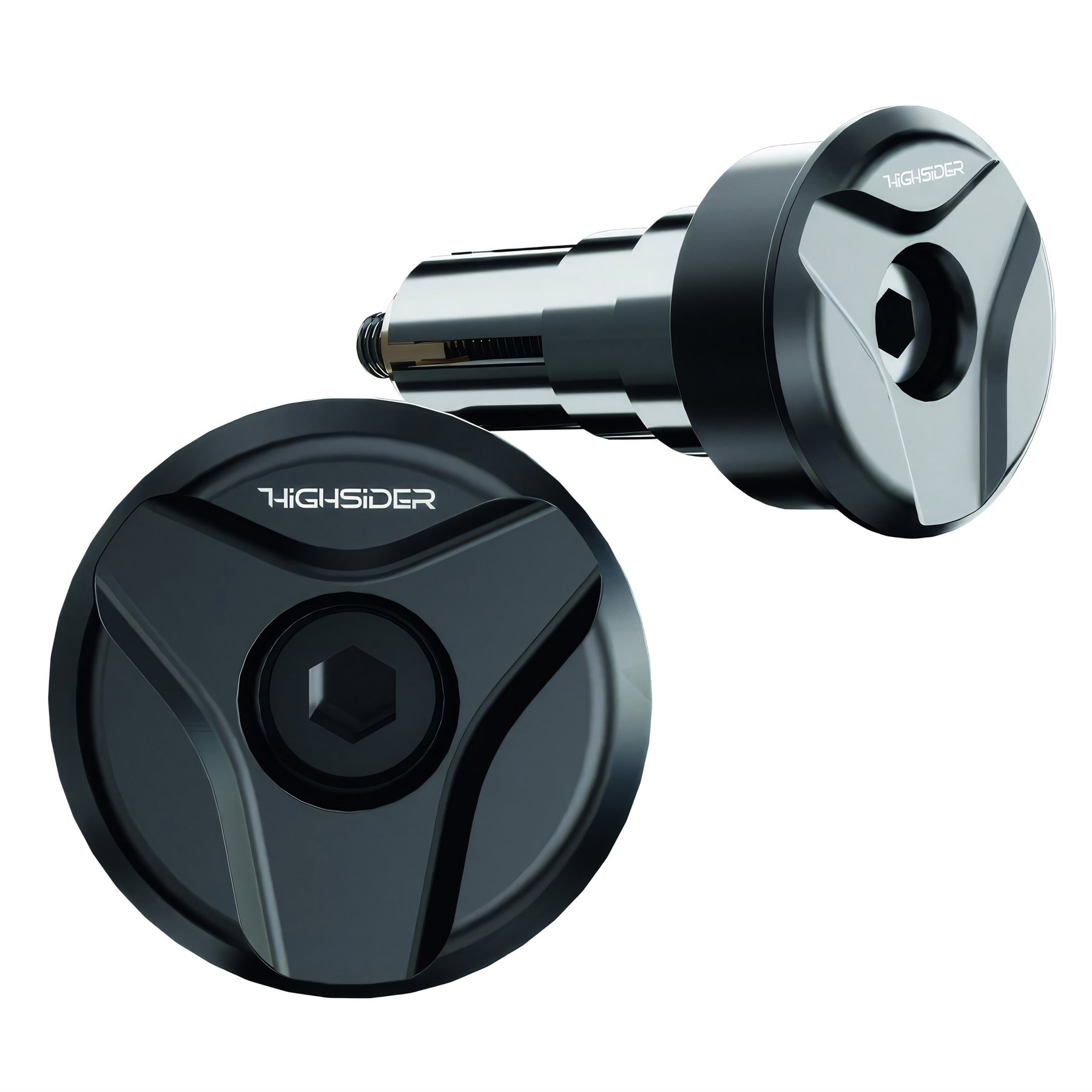 HIGHSIDER Victory ULTRA: Größerer Spiegelkopf, fünf Montagevarianten 3 Zwei HIGHSIDER Victory ULTRA LS Lenkerenden aus CNC-gefrästem Aluminium in Schwarz und Silber mit Spreizdorn, Freisteller vor weißem Hintergrund