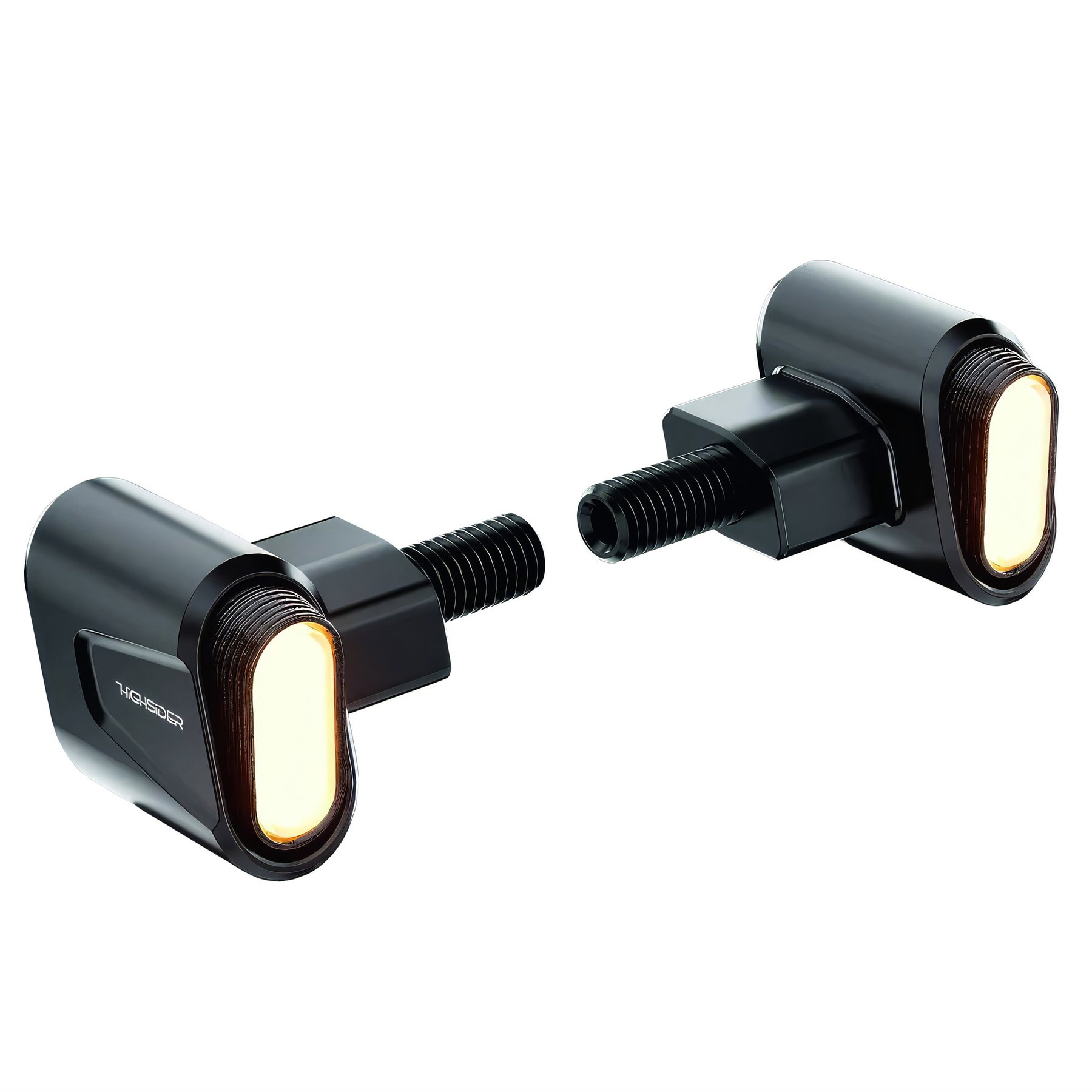 HIGHSIDER Victory ULTRA: Größerer Spiegelkopf, fünf Montagevarianten 5 Paar HIGHSIDER Victory ULTRA LED-Blinker in Schwarz mit leuchtendem vertikalem Flat-LED-Modul und Gewindeaufnahme, Freisteller vor weißem Hintergrund