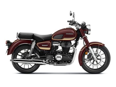 Honda CB350C Special Edition 2026 – Seitenansicht in Rebel Red Metallic mit cremefarbenen Zierstreifen und schwarzer Sitzbank, Studioaufnahme