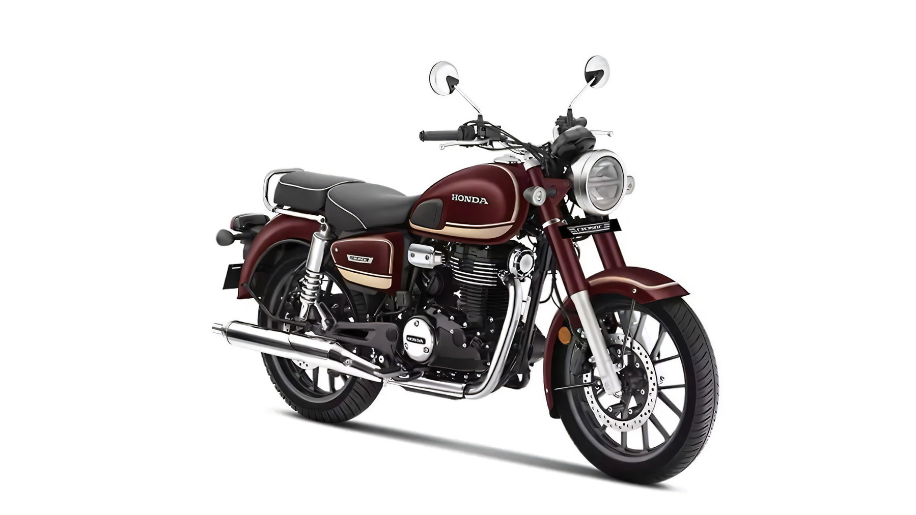 Honda CB350C Special Edition 2026 – Dreiviertel-Frontansicht in Rebel Red Metallic mit Rundscheinwerfer und Chromspiegeln