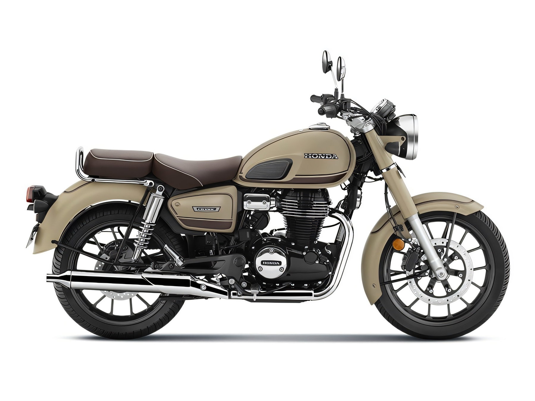 Honda CB350C Special Edition 2026 – Seitenansicht in Mat Dune Brown mit dunkelbrauner Sitzbank, Studioaufnahme