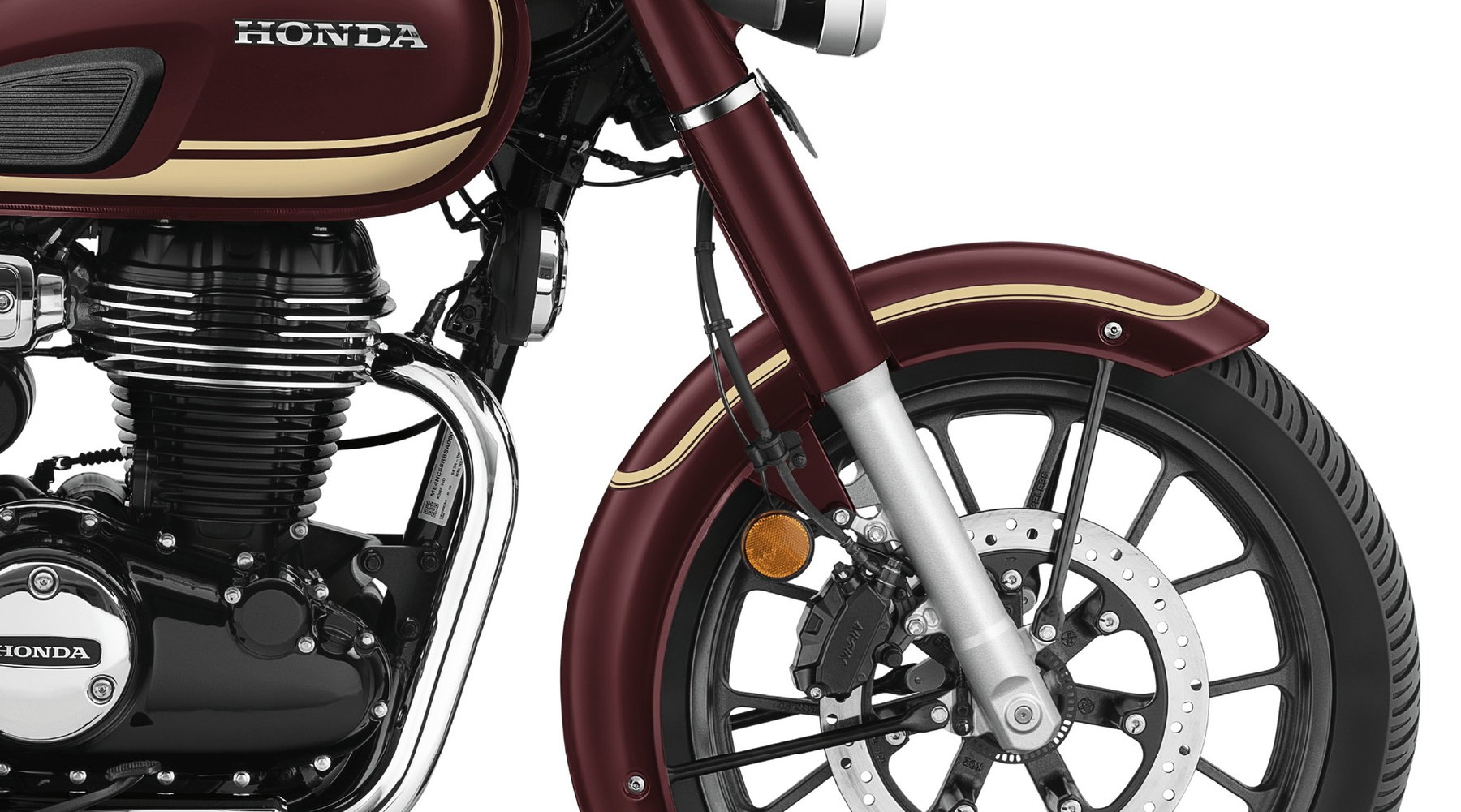Honda CB350C Special Edition 2026 – Telegabel mit Faltenbalg-Optik, Vorderrad mit Scheibenbremse und rotem Kotflügel