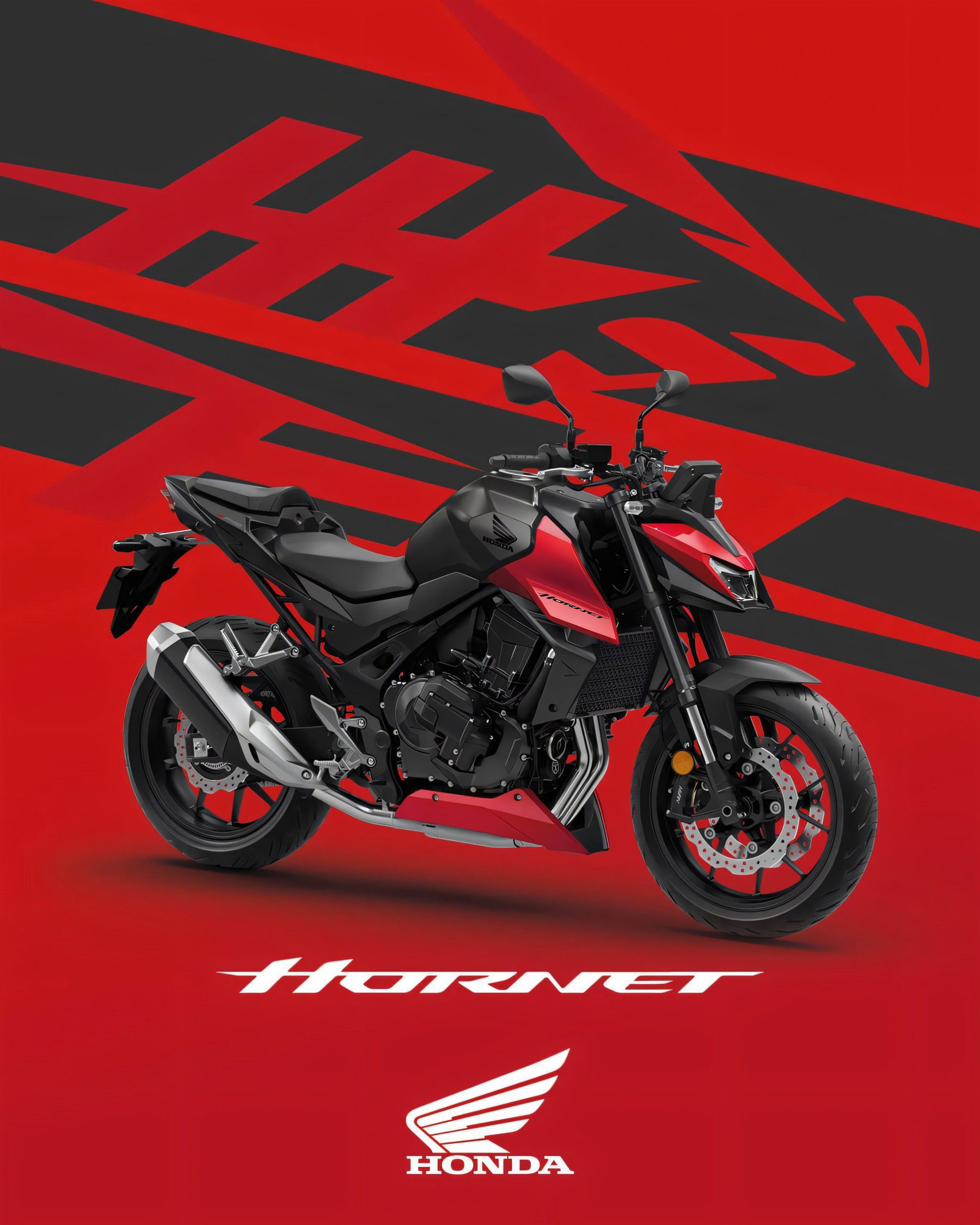 Honda CB750 Hornet 2027 in Grand Prix Red mit schwarzem Heck, Seitenansicht von schräg vorn vor rotem Grafikhintergrund mit Hornet-Schriftzug