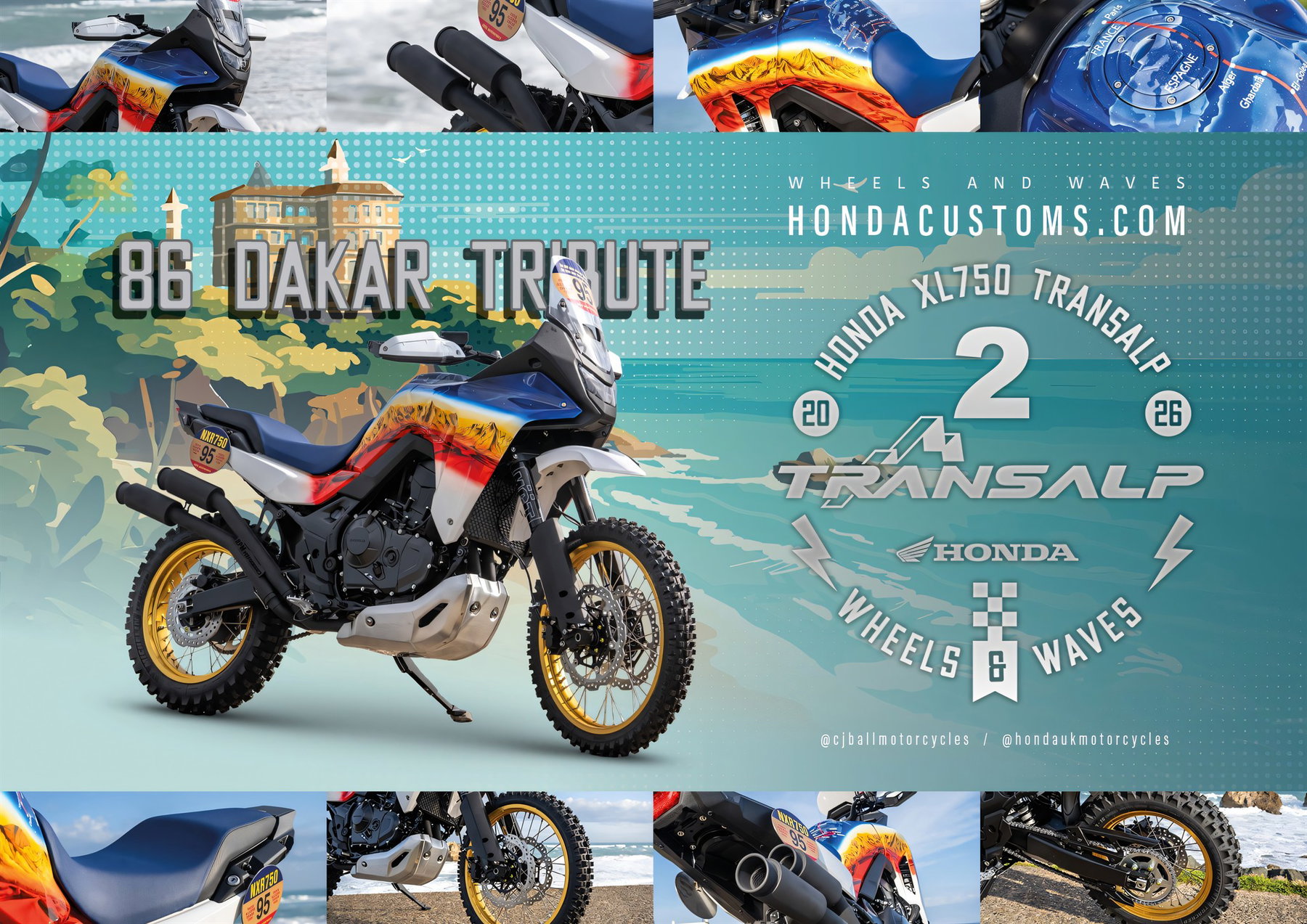Honda XL750 Transalp Custom 'Dakar Tribute' 2026 – Rallye-Umbau von CJ Ball in Wüsten-Farbschema mit Startnummer 95, Stollenreifen, hohem Frontkotflügel und Doppelauspuff