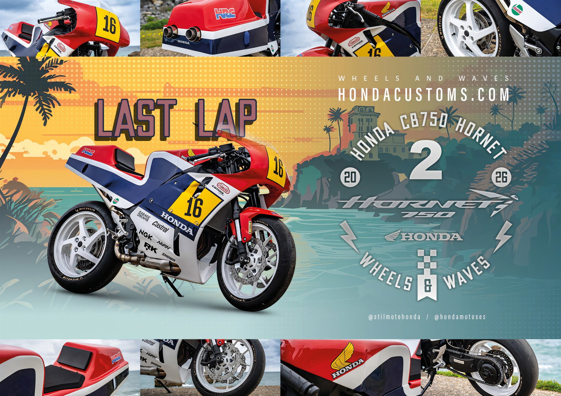 Honda CB750 Hornet Custom 'Last Lap' 2026 – Retro-Rennverkleidung im HRC-Design von Stilmoto in Rot-Weiß-Blau mit Startnummer 16, Vollverkleidung im 1980er-GP-Stil, Podiumsplatz 2 On-Road bei Honda Customs 2026