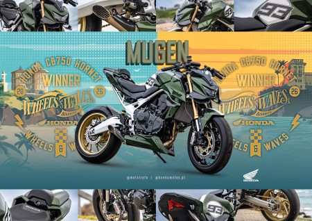 Honda CB750 Hornet Custom 'Mugen' 2026 – Sieger-Umbau von Mototrofa aus Portugal in dunklem Waldgrün mit goldenen Felgen und Carbon-Details, aggressive Streetfighter-Haltung, Gesamtsieger Honda Customs 2026