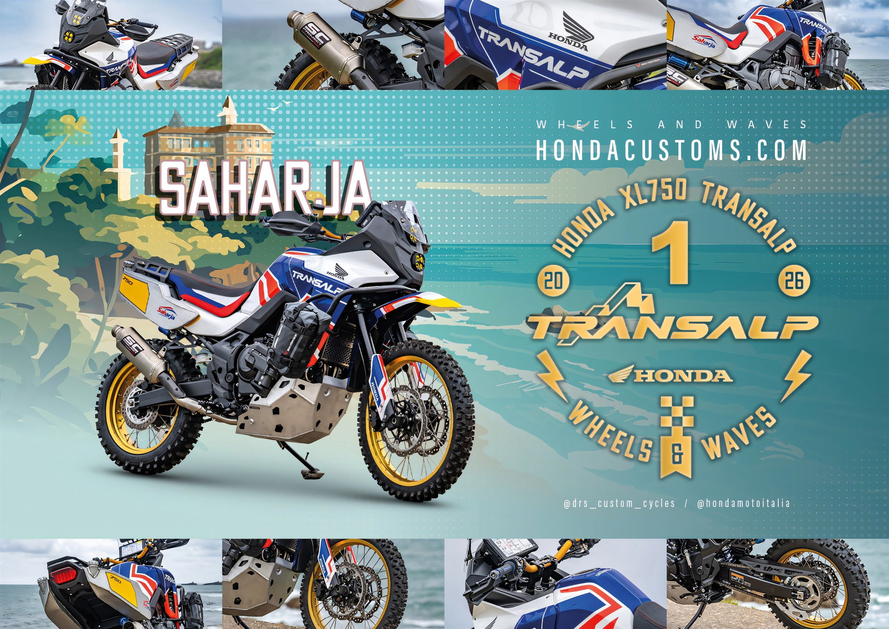 Honda XL750 Transalp Custom 'Saharja' 2026 – Sieger-Umbau von DRS Custom Cycles aus Italien in Weiß-Blau-Rot mit HRC-Tricolore-Lackierung, Navigationsturm, Alu-Seitentanks und Stollenreifen