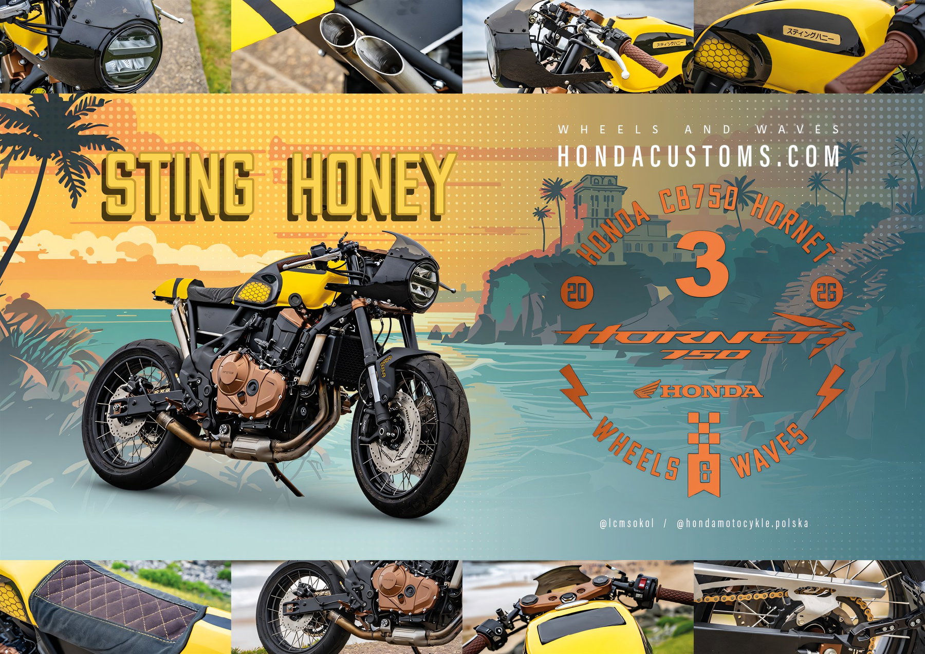 Honda CB750 Hornet Custom 'Sting Honey' 2026 – Café-Racer-Umbau von Steel Choppers und Honda Sokol aus Polen in Gelb-Schwarz mit Wabenmuster-Sitzbank und LED-Rundscheinwerfer