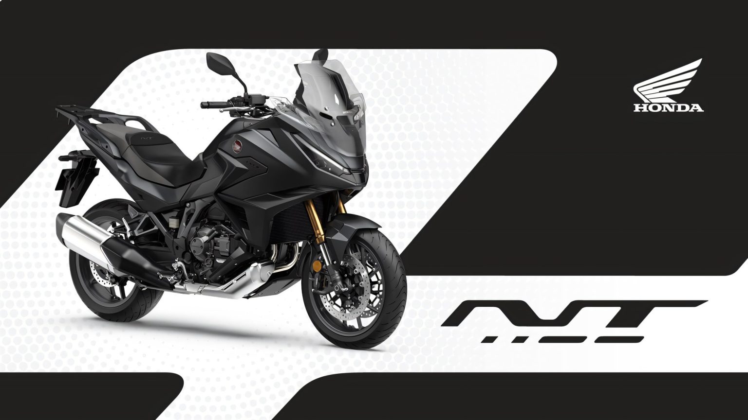 Honda NT1100 2027: Europas Tourer-Bestseller bekommt nur neue Farben Honda NT1100 2027 in Mat Ballistic Black Metallic – Dreiviertelansicht von vorne mit hohem Windschild und goldener Upside-down-Gabel, Studiografik mit Honda-Logo