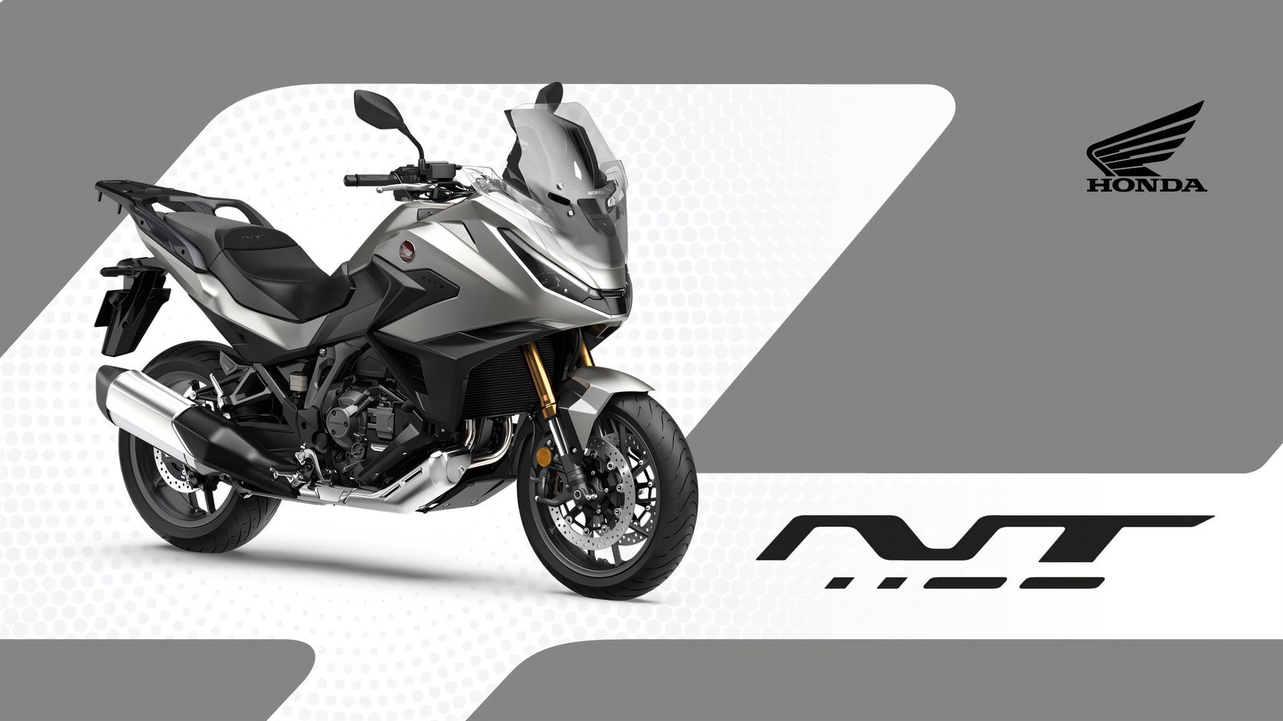 Honda NT1100 2027: Europas Tourer-Bestseller bekommt nur neue Farben 3 Honda NT1100 2027 in Mat Beta Silver Metallic – Dreiviertelansicht von vorne mit Doppel-LED-Scheinwerfern und Seitenkoffern, Studiografik mit Honda-Logo