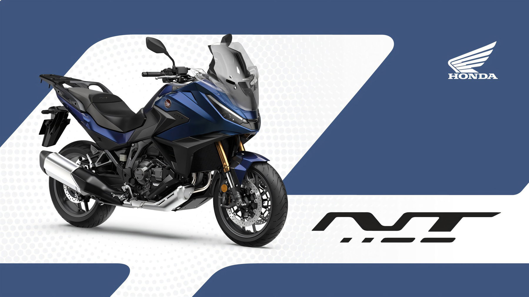 Honda NT1100 2027: Europas Tourer-Bestseller bekommt nur neue Farben 5 Honda NT1100 2027 in Pearl Hawkseye Blue – Dreiviertelansicht von vorne mit Tourer-Verkleidung und goldener Gabel, Studiografik mit Honda-Logo