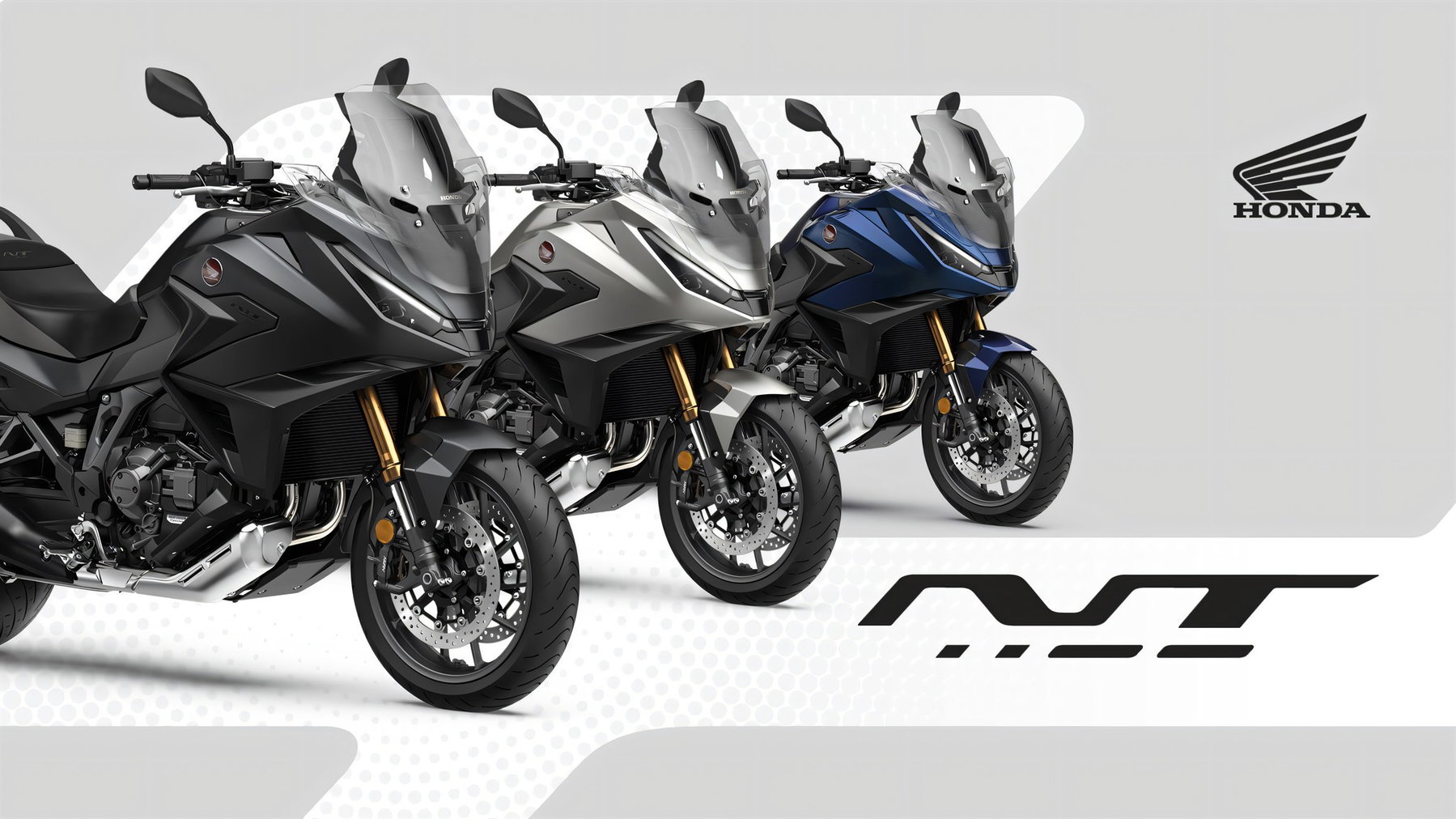 Honda NT1100 2027: Europas Tourer-Bestseller bekommt nur neue Farben 1 Honda NT1100 2027 in den Farben Mat Ballistic Black Metallic, Mat Beta Silver Metallic und Pearl Hawkseye Blue nebeneinander, Dreiviertelansicht von vorne