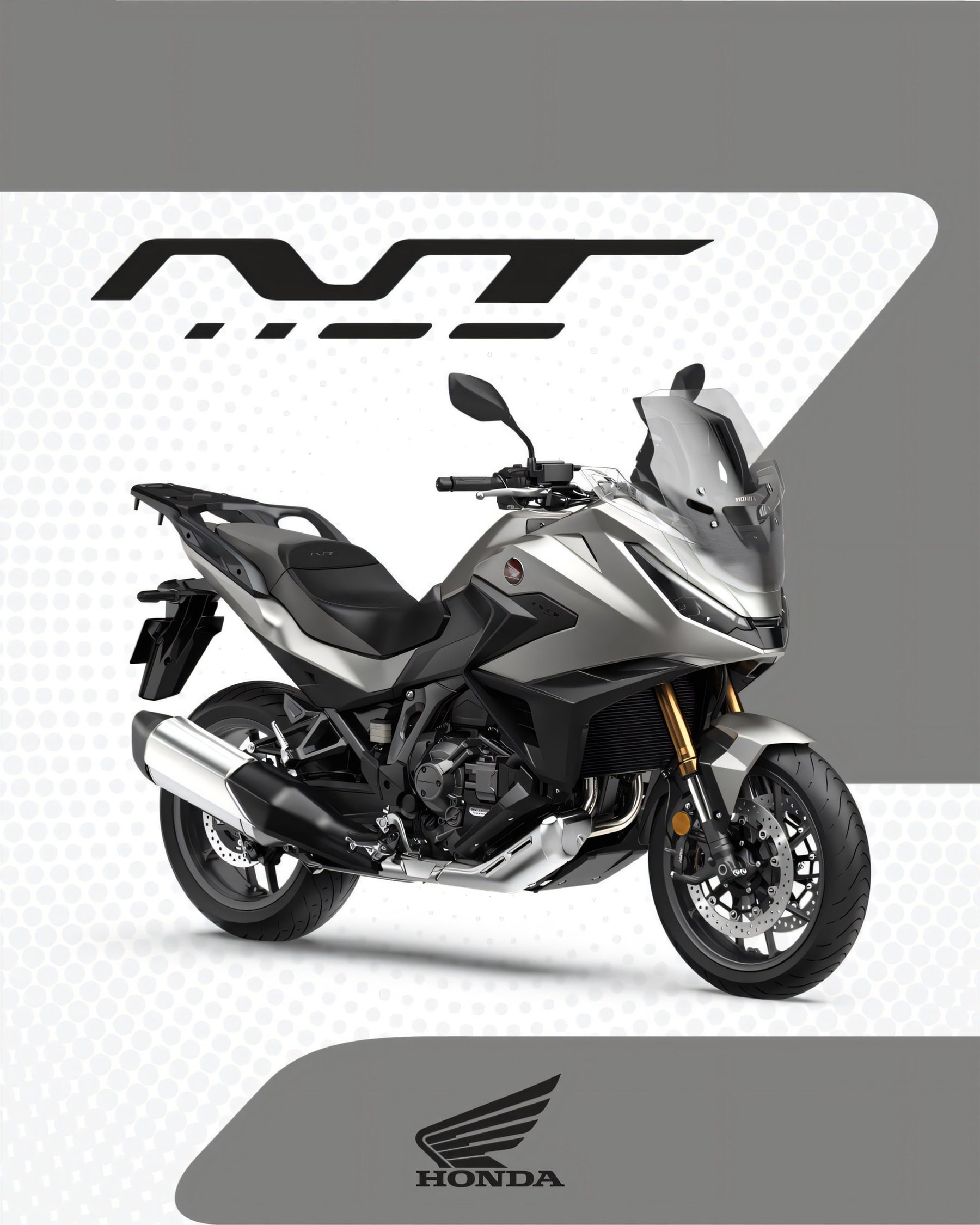 Honda NT1100 2027: Europas Tourer-Bestseller bekommt nur neue Farben 7 Honda NT1100 2027 in Mat Beta Silver Metallic – Hochformat mit NT-Schriftzug, Dreiviertelansicht von vorne