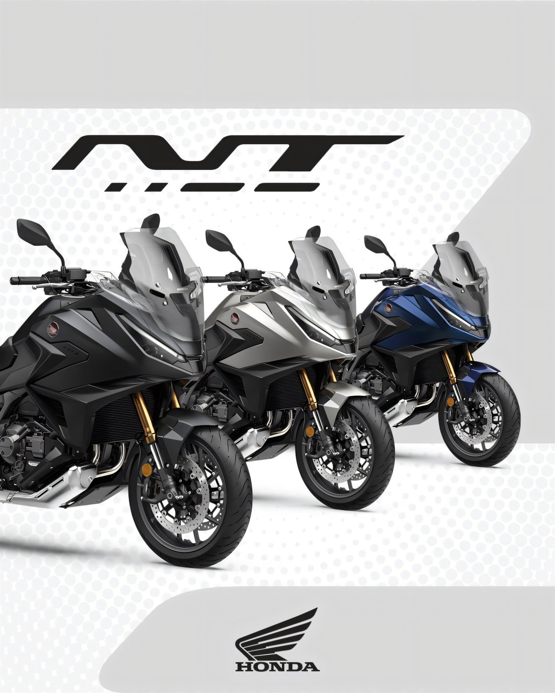 Honda NT1100 2027: Europas Tourer-Bestseller bekommt nur neue Farben 8 Honda NT1100 2027 in Schwarz, Silber und Blau hintereinander aufgereiht – Hochformat mit NT-Schriftzug