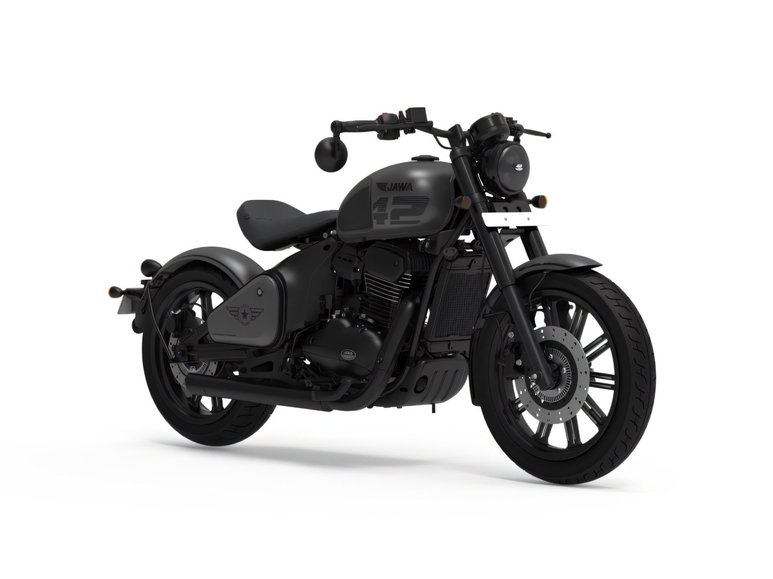 Jawa 42 Bobber All Stars: Fünf neue Farben, aber kein technisches Update Jawa All Stars 42 Bobber 2026 in Shadow Black (mattschwarz) - Seitenansicht auf weissem Studiohintergrund, mit All-Stars-Emblem am Seitendeckel und Bobber-Schriftzug