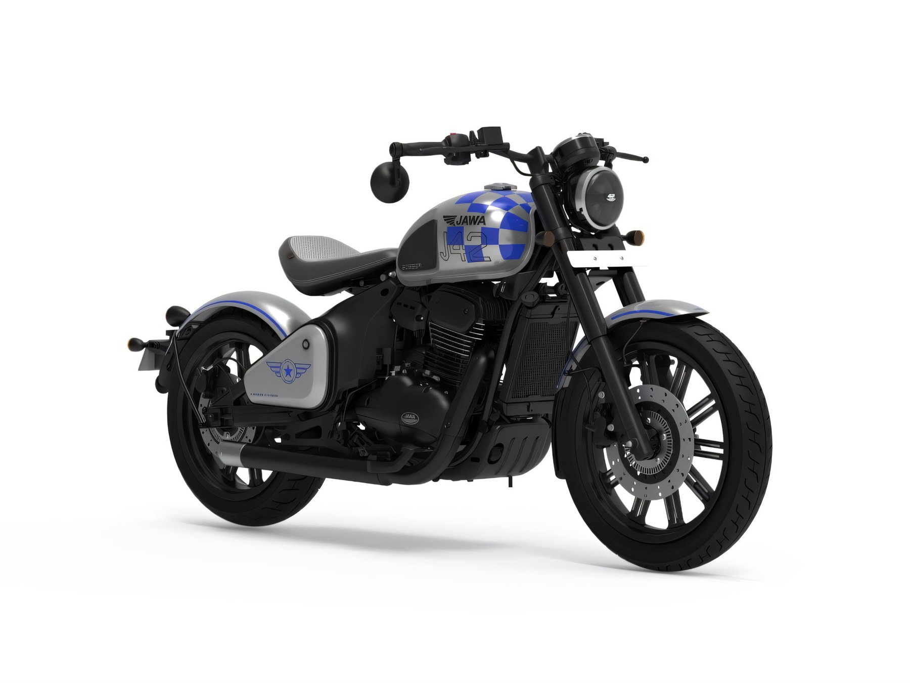 Jawa All Stars 42 Bobber 2026 in Silver Knight - Seitenansicht mit blau-silberner Schachbrett-Grafik am Tank, Jawa-J42-Logo und All-Stars-Emblem (Stern mit Fluegeln) am Seitendeckel