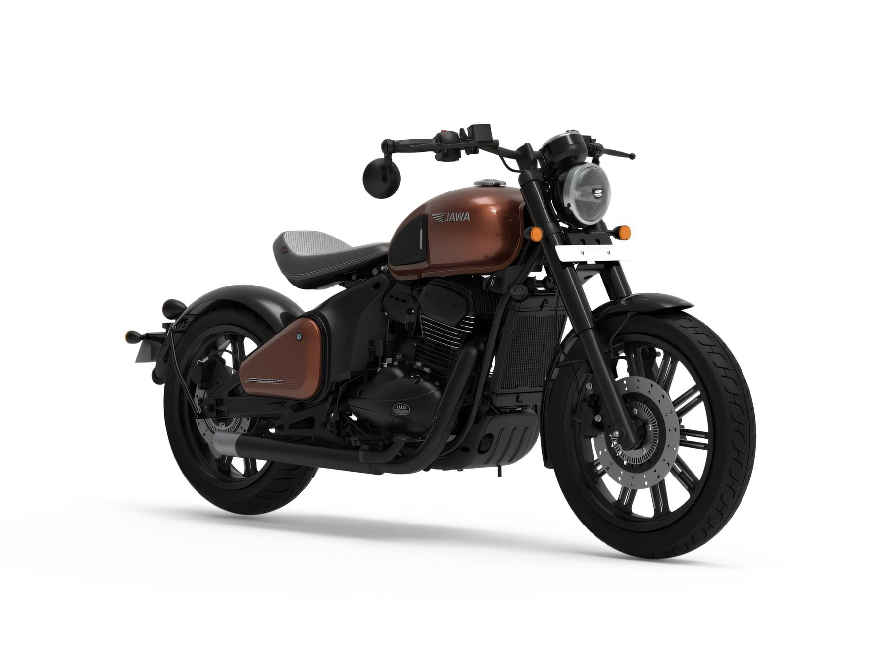 Jawa All Stars 42 Bobber 2026 in Mystic Copper - Seitenansicht mit kupferfarben lackiertem Tank auf weissem Studiohintergrund