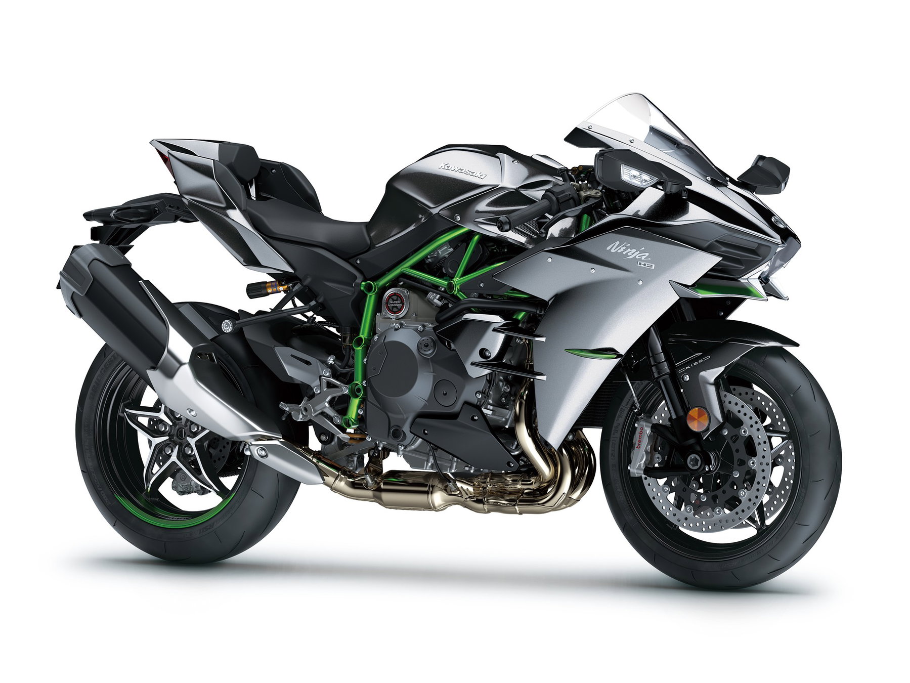 Kawasaki Ninja H2 returns: How much H2 SX is in the new engine 4 Kawasaki Ninja H2 2027 – Seitenansicht rechts in Schwarz-Silber mit grünem Gitterrohrrahmen vor weißem Hintergrund