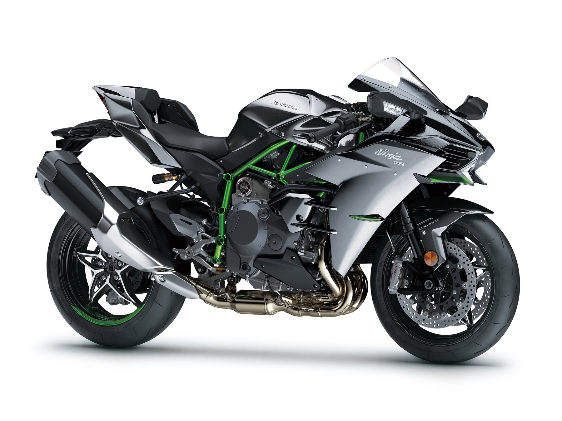 Kawasaki Ninja H2 returns: How much H2 SX is in the new engine 2 Kawasaki Ninja H2 2027 – Studioaufnahme der Seitenansicht rechts mit Brembo-Bremsen, Kompressor-Motor und grünem Gitterrohrrahmen