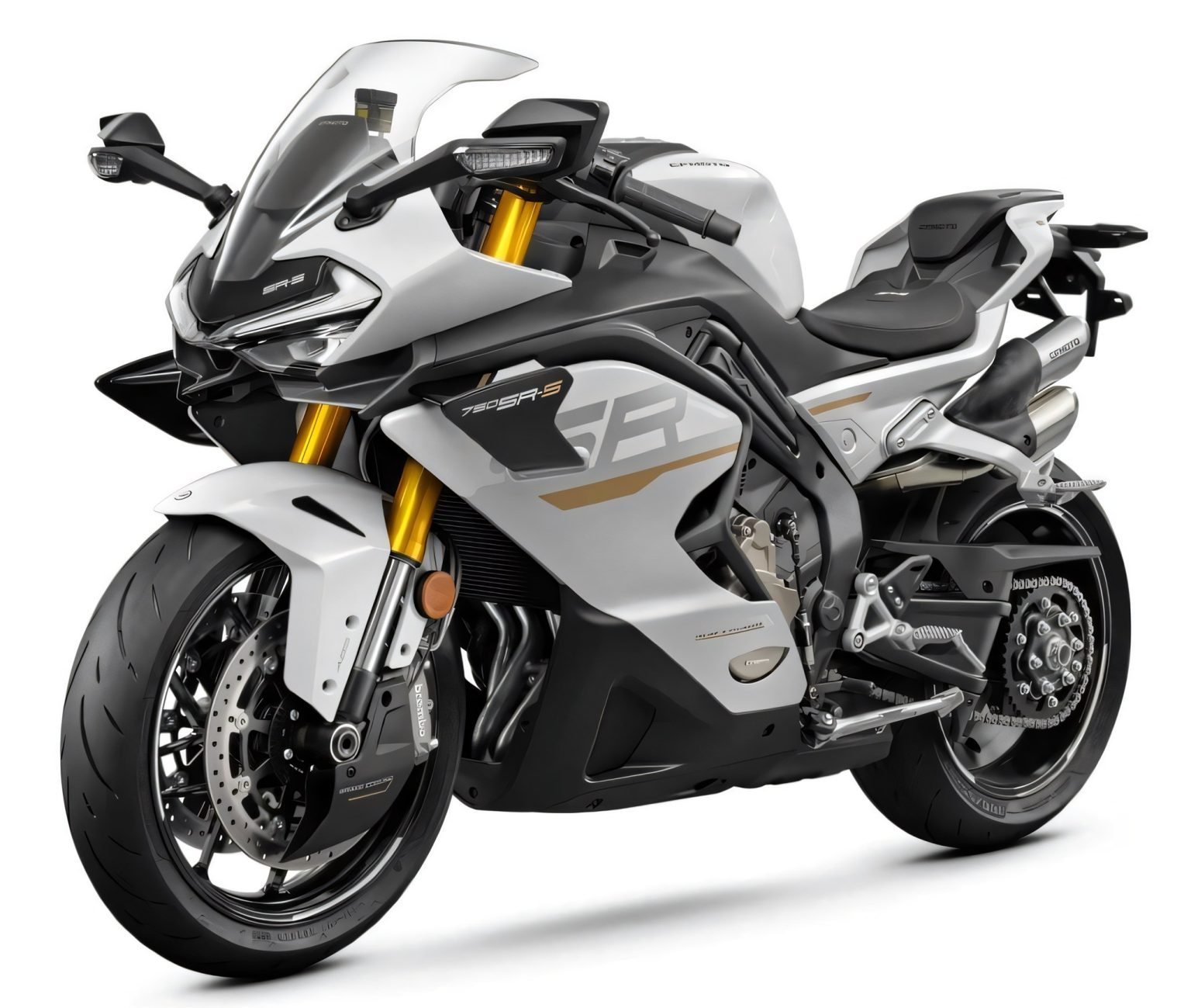CFMOTO 750SR-S in Weiss-Grau mit goldenen Gabeln, Frontansicht schraeg von vorne, freigestellt vor weissem Hintergrund