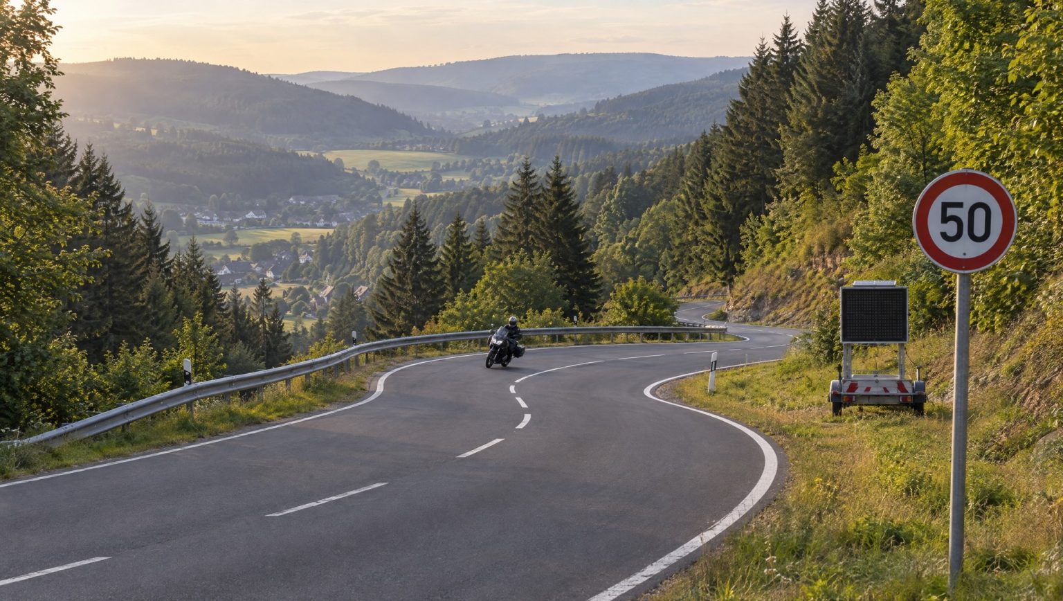 Kohlberg near Altena: what the ten-point plan means for motorcyclists Motorradfahrer in einer Kurve einer bewaldeten Serpentinenstraße im Sauerland, am Straßenrand ein Tempo-50-Schild und eine mobile Geschwindigkeitsanzeigetafel (KI-generiertes Symbolbild)