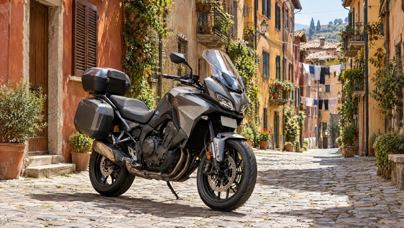 Italy Suspends Motorcycle Tax in 2027: Who Benefits and Who Does Not Vollverkleidetes Reise-Motorrad mit Topcase und Seitenkoffern, geparkt auf Kopfsteinpflaster in einer sonnigen italienischen Altstadtgasse mit ockerfarbenen Fassaden, Fensterläden und Waescheleinen