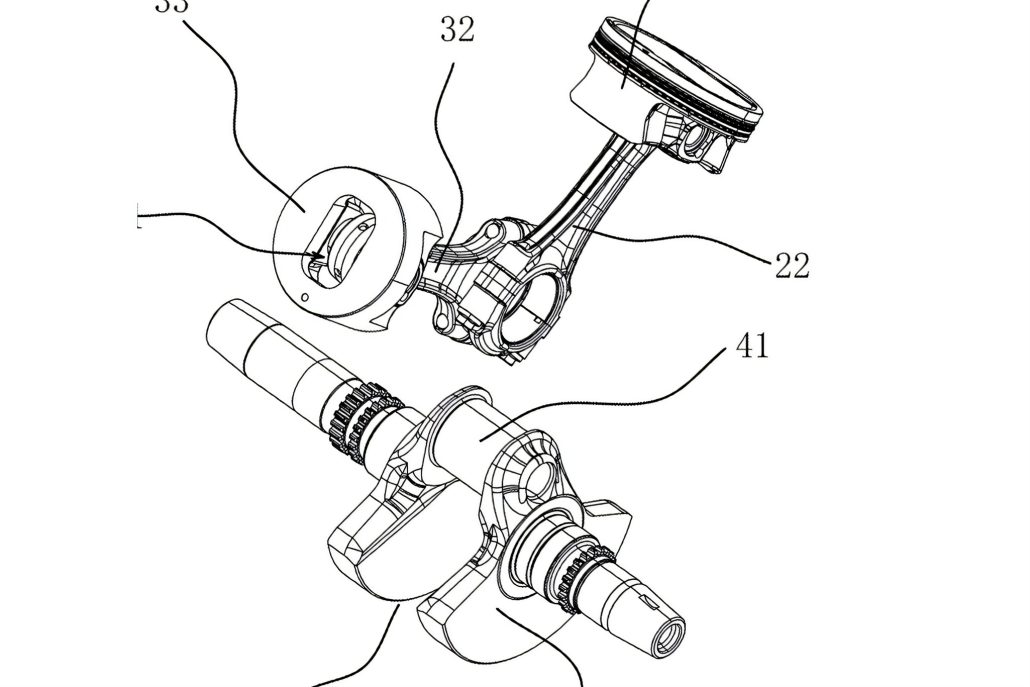 QJMotor-Patent in den USA: Warum ein Einzylinder als V2 verkleidet ist 1 QJMotor Einzylinder Patentzeichnung – Explosionsdarstellung der Kurbelwelle mit echtem Arbeitskolben samt Pleuel (rechts) und ringlosem Blindkolben mit Durchgangsbohrung als reinem Massenausgleich (links), beide auf demselben Hubzapfen gelagert
