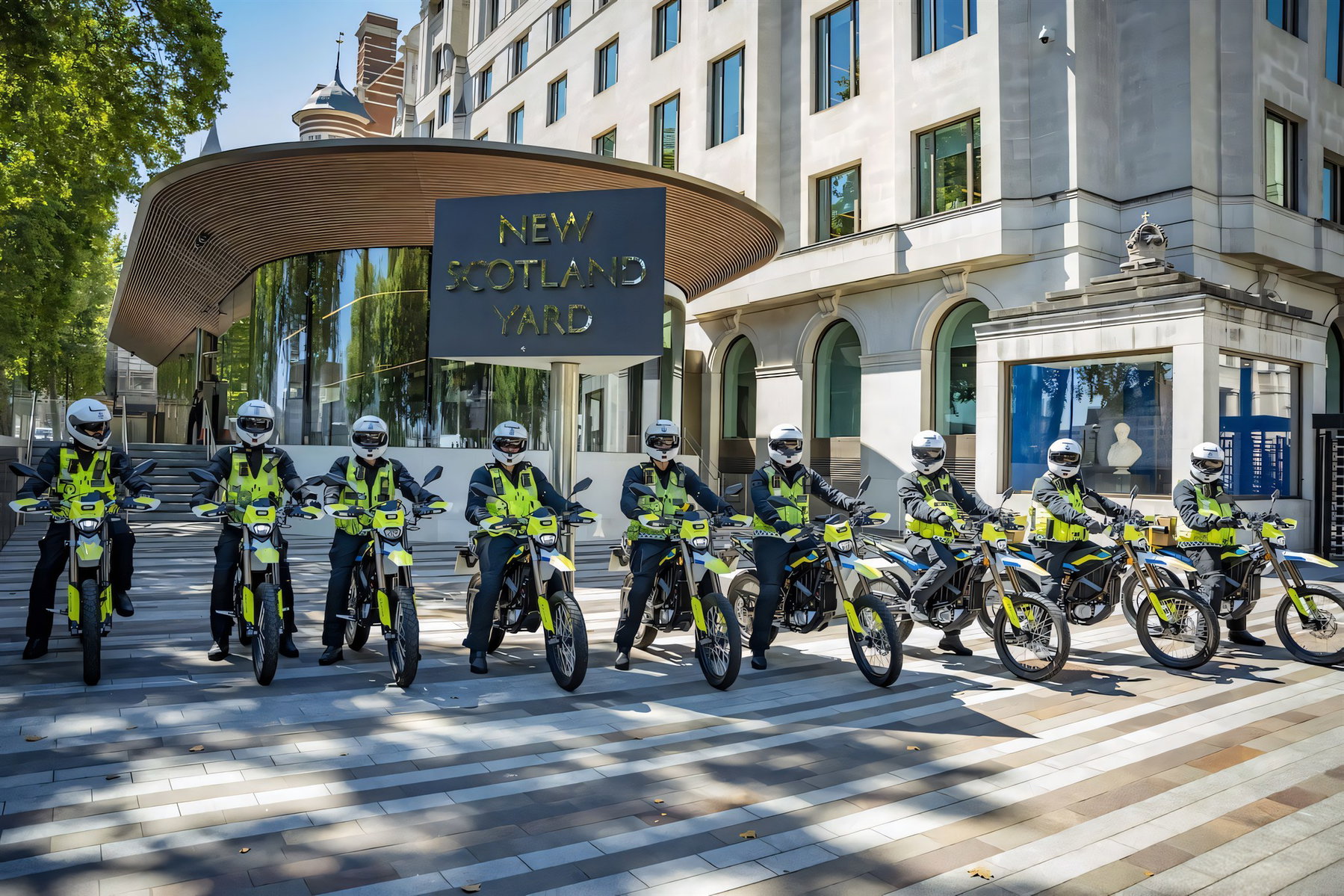 London Police Ride the Sur-Ron Ultra Bee: 25 Bikes Against Phone Snatching 4 Zehn Metropolitan-Police-Beamte in gelb-schwarzer Motorrad-Uniform posieren mit ihren Sur-Ron-Ultra-Bee-Polizeimotorraedern vor dem New-Scotland-Yard-Schild in London