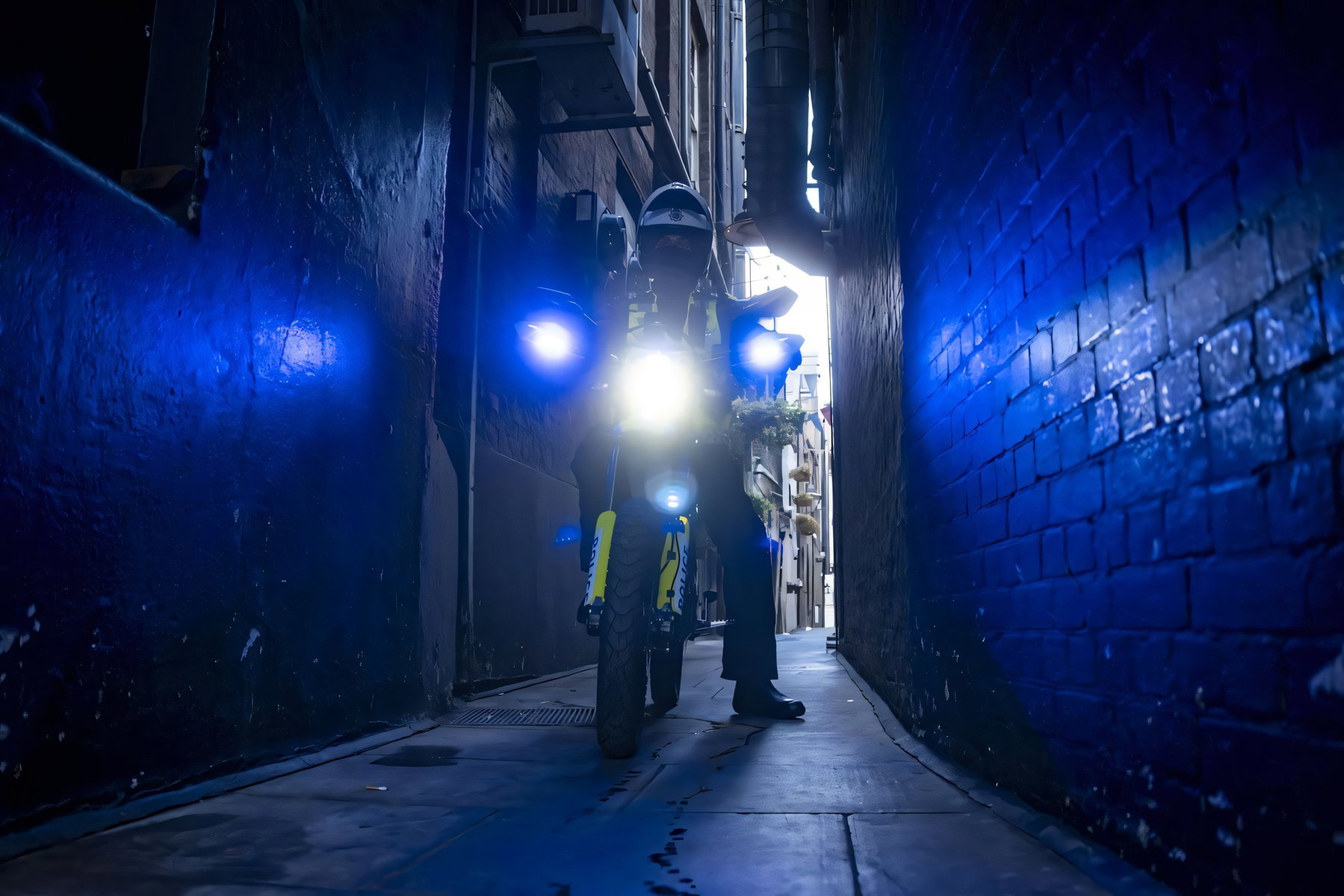 London Police Ride the Sur-Ron Ultra Bee: 25 Bikes Against Phone Snatching 2 Ein Metropolitan-Police-Beamter faehrt bei Nacht mit eingeschaltetem Blaulicht auf einem Sur-Ron-Ultra-Bee-Polizeimotorrad durch eine enge, blau beleuchtete Backstein-Gasse