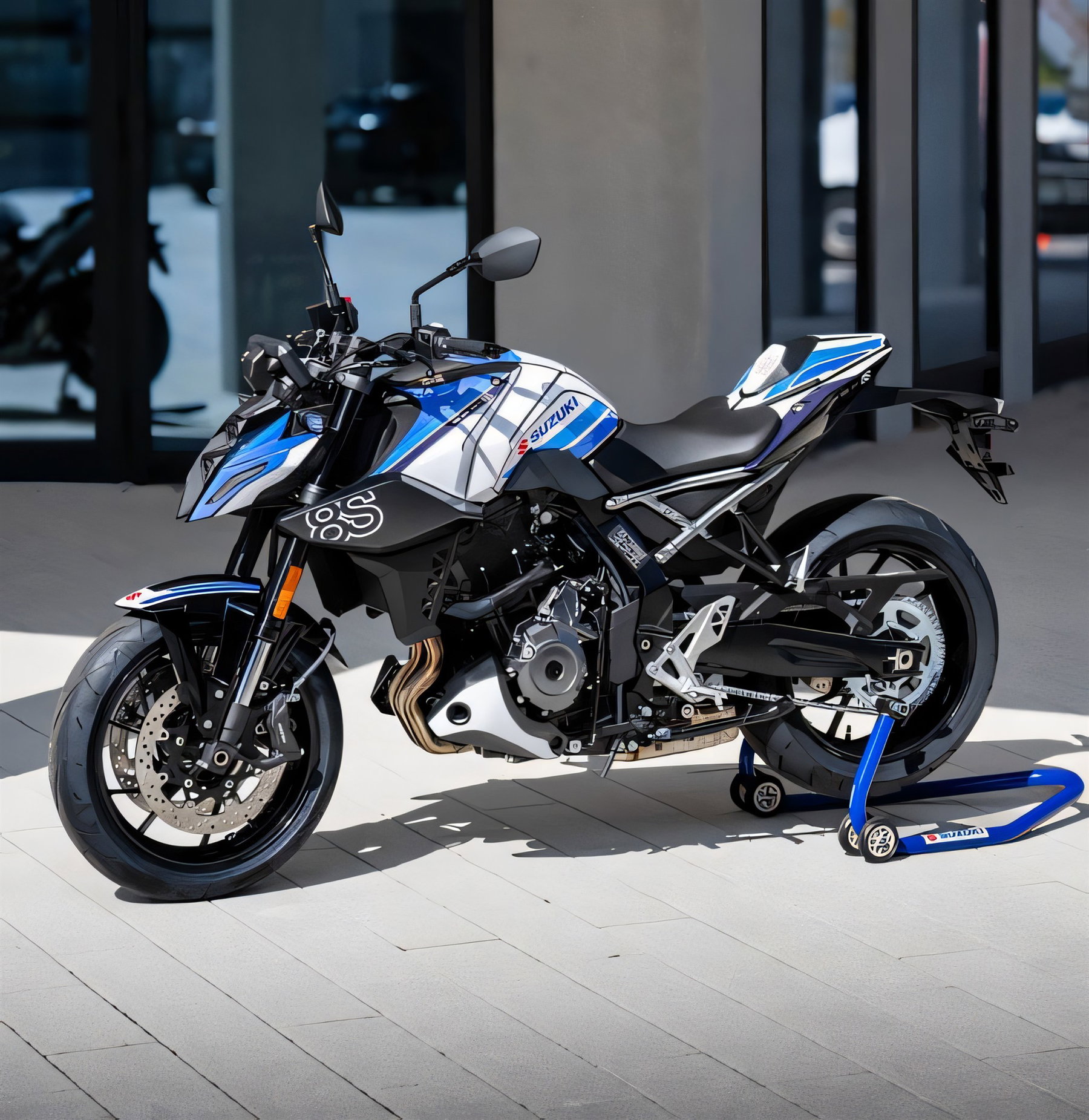 Suzuki GSX-8S and GSX-S1000 Special Edition: Just 50 Units Each 1 Suzuki GSX-8S Special Edition 2026 – Seitenansicht von vorn rechts im weiß-blauen Retro-Dekor mit Bugspoiler und Soziusabdeckung auf blauem Suzuki-Montageständer