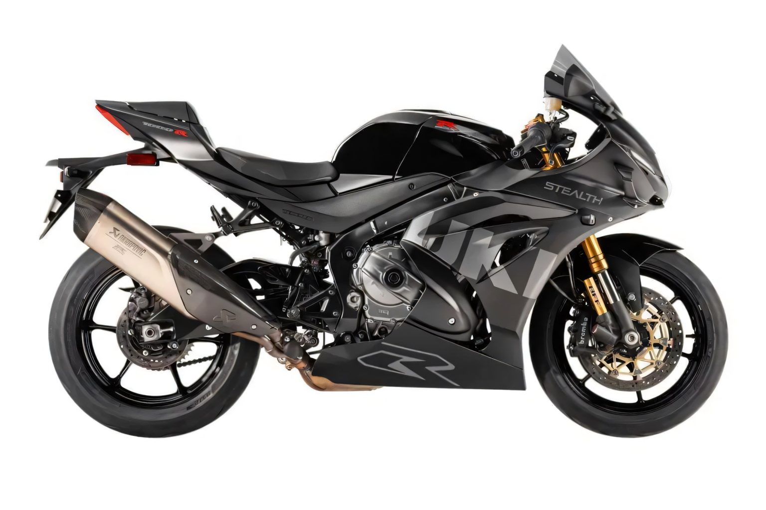 Suzuki GSX-R1000R Stealth: Zehn schwarze Exemplare, Verkauf nur online Suzuki GSX-R1000R Stealth – Seitenansicht in Mattschwarz und Glanzschwarz mit goldenen Federelementen und Akrapovič-Endschalldämpfer