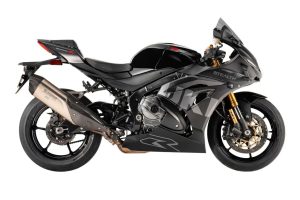 Suzuki GSX-R1000R Stealth – Seitenansicht in Mattschwarz und Glanzschwarz mit goldenen Federelementen und Akrapovič-Endschalldämpfer
