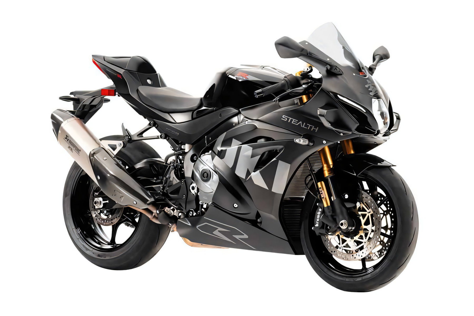 Suzuki GSX-R1000R Stealth: Zehn schwarze Exemplare, Verkauf nur online 5 Suzuki GSX-R1000R Stealth – Dreiviertelansicht von vorn im Studio mit Akrapovic-Auspuff und STEALTH-Schriftzug