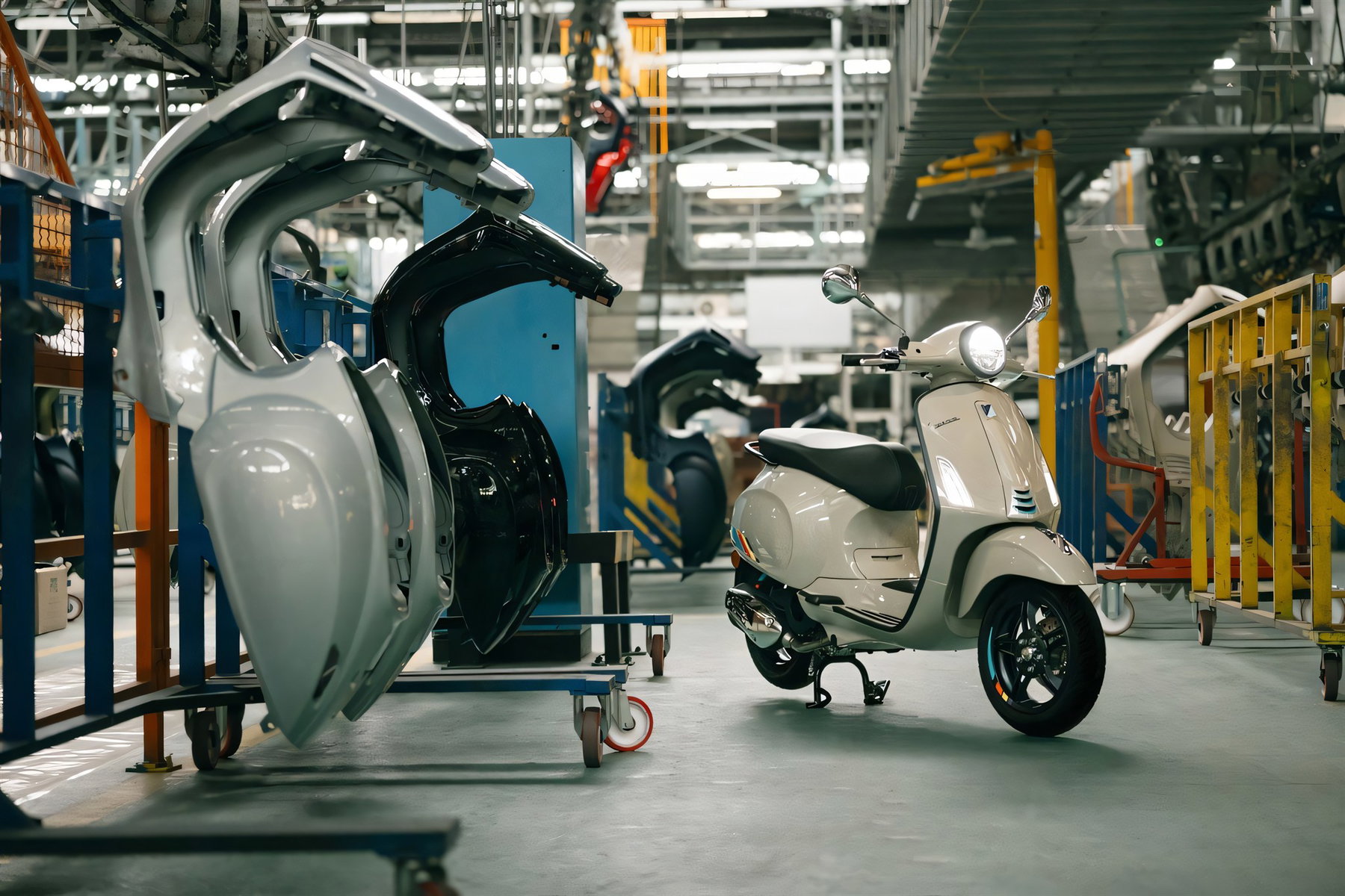 Vespa Primavera wird zur EU-Marke: Was das für Retro-Roller bedeutet 5 Vespa-Primavera-Karosserieteile auf Gestellen und fertiger Roller in Beige in der Produktionshalle