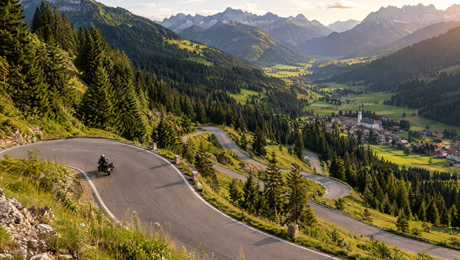 Motorradfahrer in einer Haarnadelkurve einer kurvigen Passstraße in den Allgäuer Alpen, darunter weitere Kehren und ein Dorf mit Kirchturm im grünen Tal, warmes Abendlicht